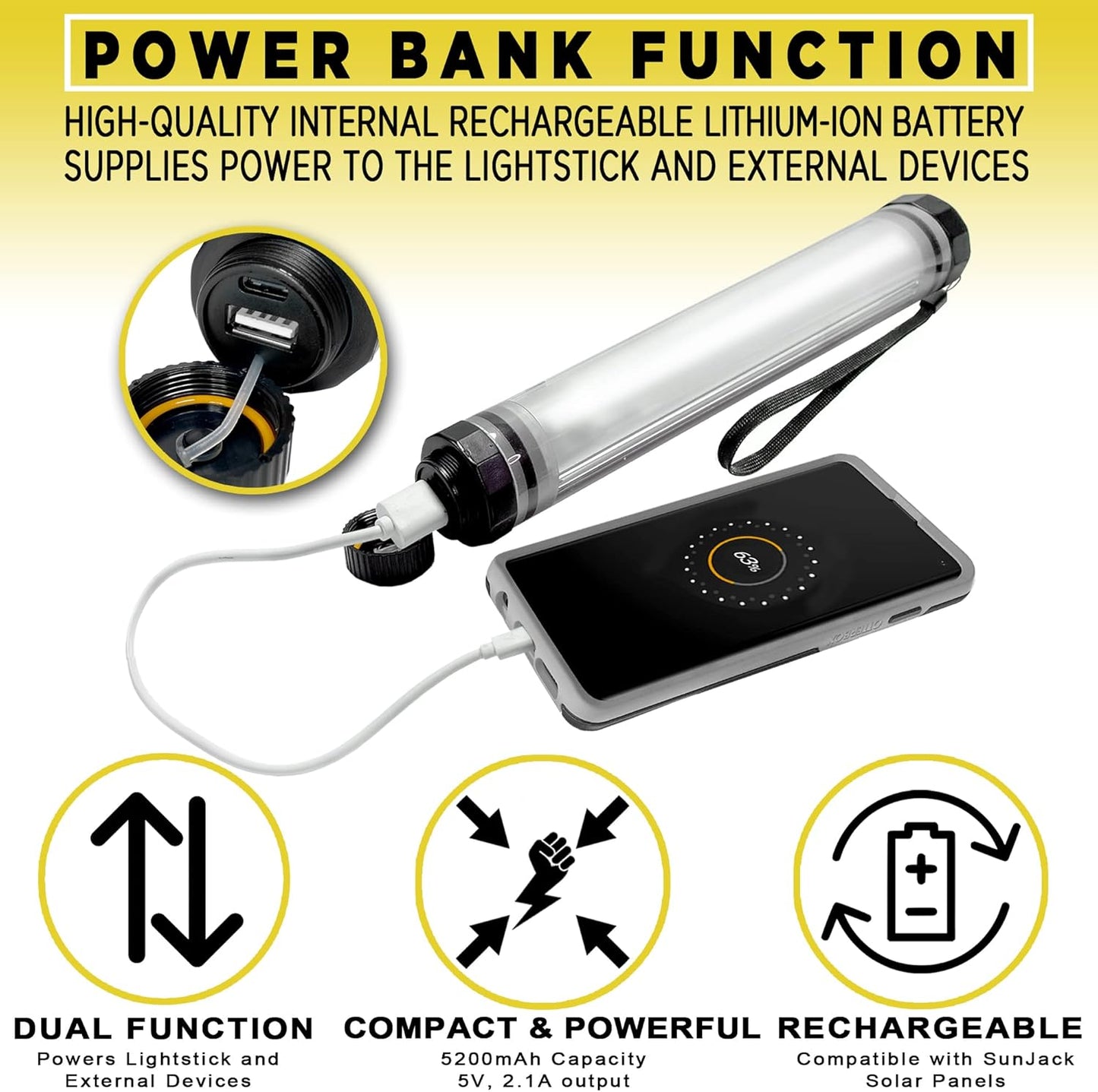 SunJack LightStick Camplight – Waterproof Rechargeable LED Flashlight & Power Bank | Portable Camping Lantern for Hiking, Backpacking, Swimming, Boating, Outdoors, Emergency & Survival Kits