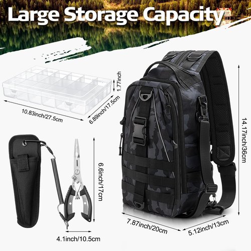 RoundFunny 85 Pcs Fishing Backpack with Tackle Boxes, Tackle Sling Bag with Rod Holder, Fishing Lures Kit and Pliers Set for Men Women(Incognito Camouflage)