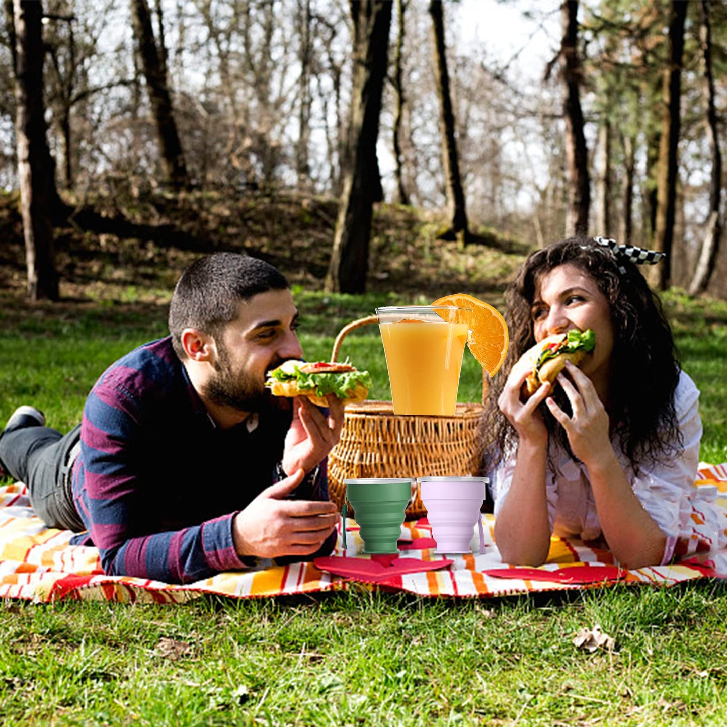 JIELUO Silicone Collapsible Travel Water Cup 200ml, 6Pack Collapsible Silicone Cup with Lid, Expandable Drinking Cup Set, Reusable Mug for Camping, Hiking, Travel