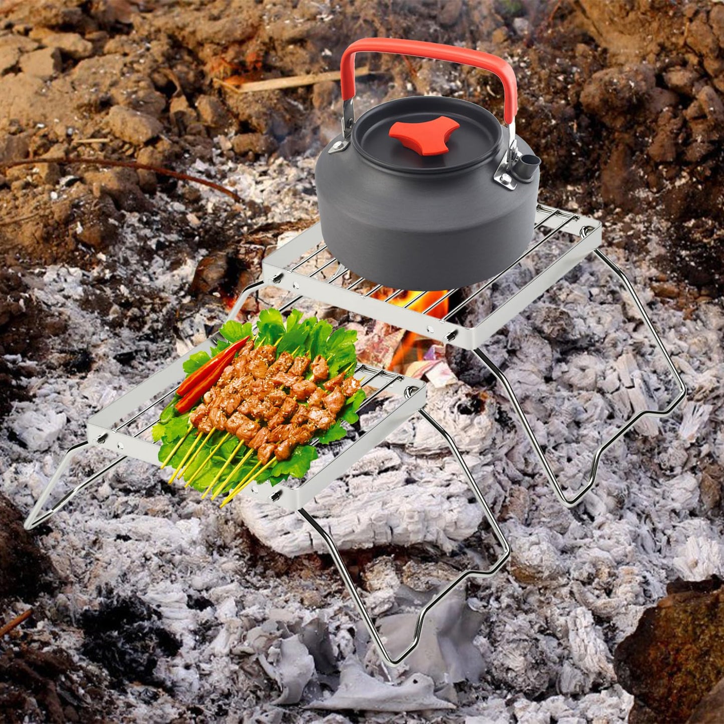 2pcs Folding Campfire Grill, 304 Stainless Steel Portable Campfire Grill Grate Small Camping Campfire Grill Grate Over Fire Pit Camping Grill for Outdoor Backpacking BBQ