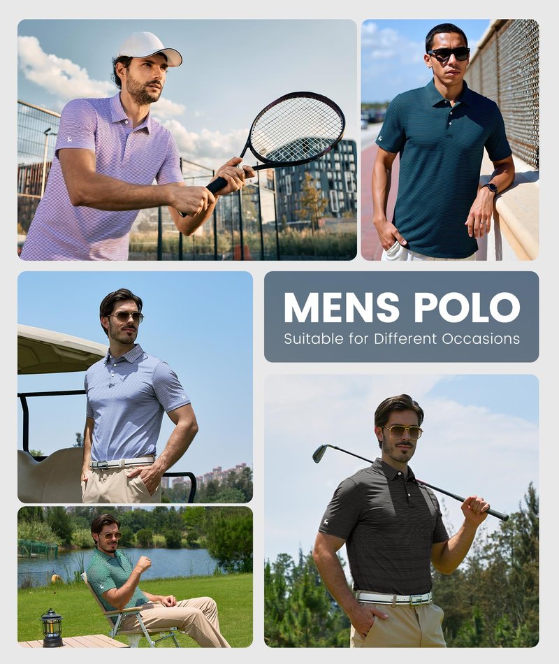 ZITY Men Golf Polo Shirts Short Sleeve Striped UPF 50+ Moisture Wicking Casual Collared Print T-Shirt for Men Green Striped