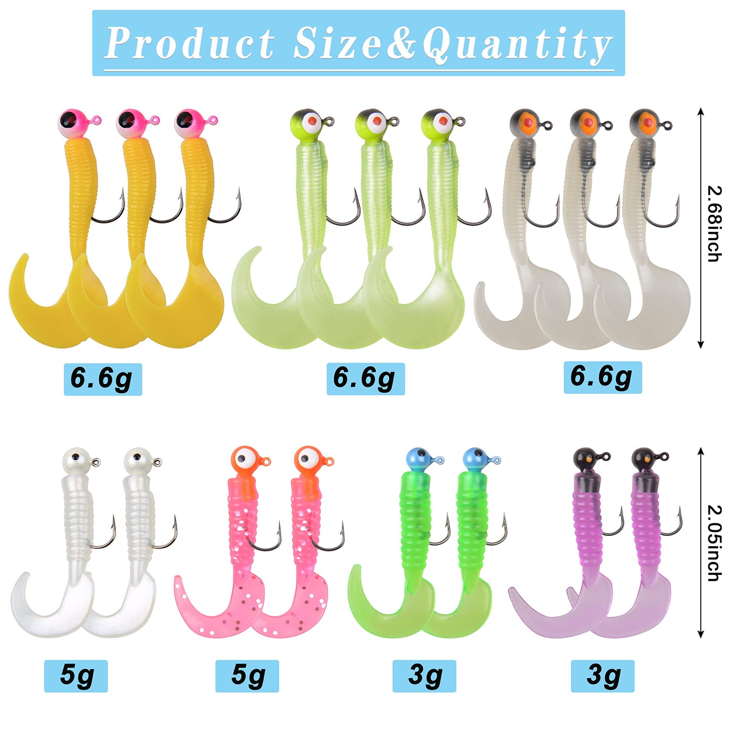Soft Plastic Fishing Lure Jig Head Hook Kit,Grub Worm Lures Crappie Jigs Head Grub Tail Swimbait Tube Bait Jigs for Saltwater Freshwater, Trout Crappie Fishing 17pcs