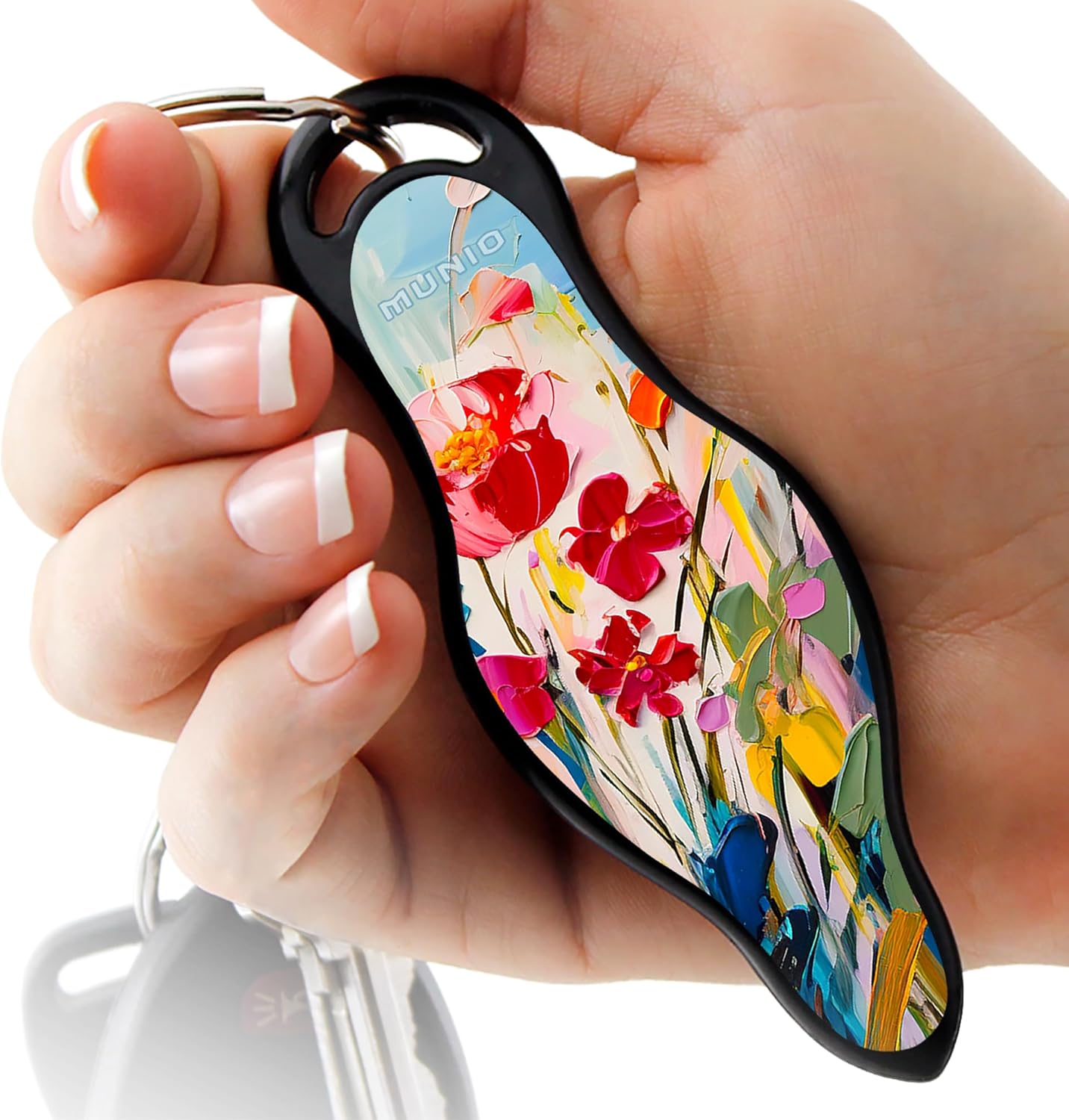 MUNIO Self Defense Keychain – Lightweight, Stylish & Portable Safety Tool for Women & Men – Non-Lethal Kubotan, Easy to Use, TSA Approved – Made in USA – Modern Flowers Design