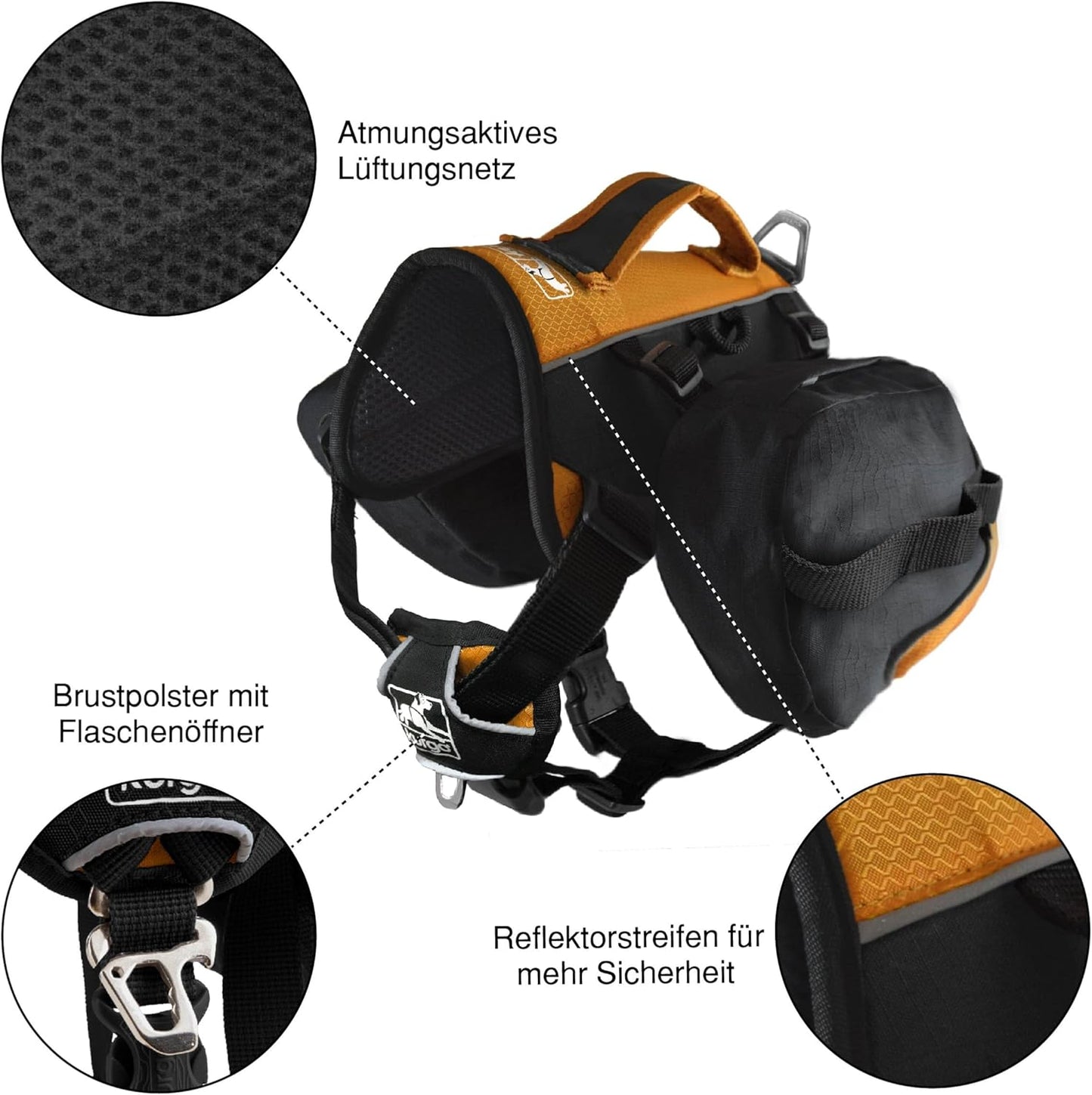 Kurgo Big Baxter Dog Backpack, Dog Saddlebag, Dog Pack, Adjustable Saddlebag for Hiking, Walking, Running, Camping, Black/Orange