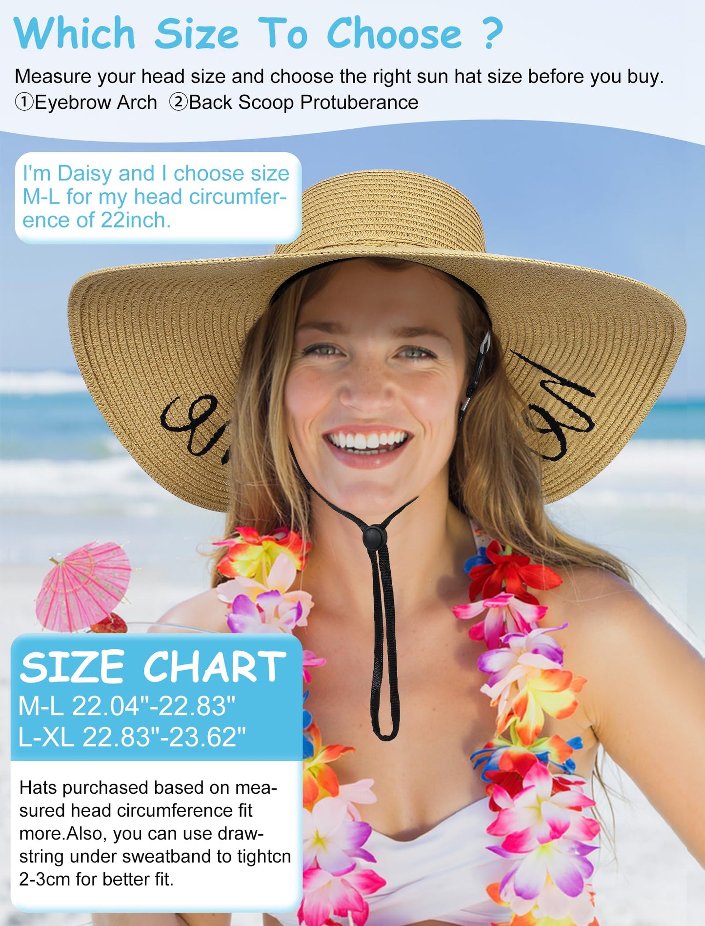 Senker Fashion Beach Hats for Women, Floppy Straw Sun Hat Embroidered Wide Brim for Summer Honeymoon Vacation Cruise Khaki