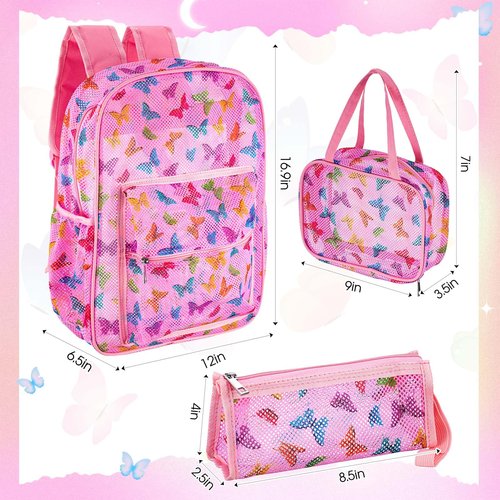 Silkfly 3 Mesh Backpack Set Semi-transparent bag for Women Heavy Duty bookbag with Pocket with Lunch Bag Pencil Case(Butterfly Style)