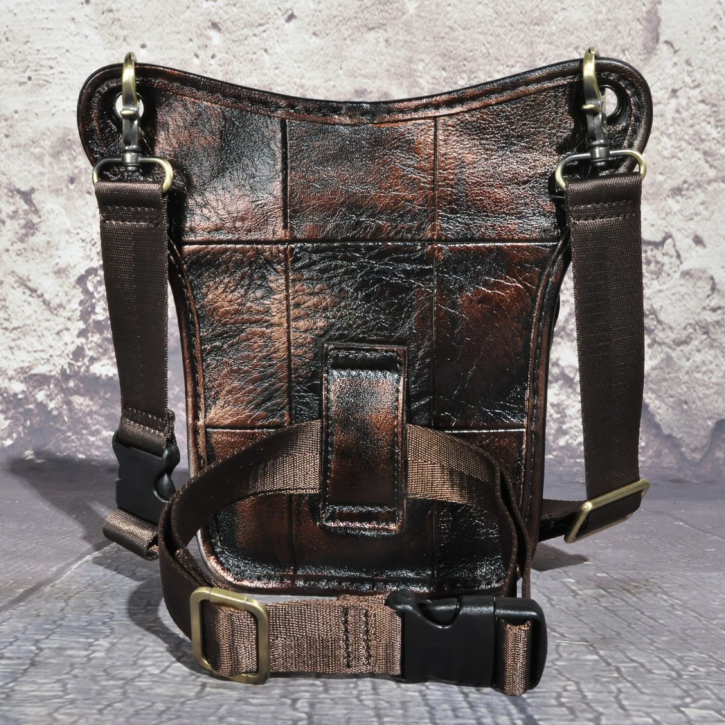 Le'aokuu Mens Womens Leather Tactical Motorcycle Outdoor Travel Waist Pack Drop Leg Thigh Hip Bum Bag With Strap 211-4 (Coffee and Black)