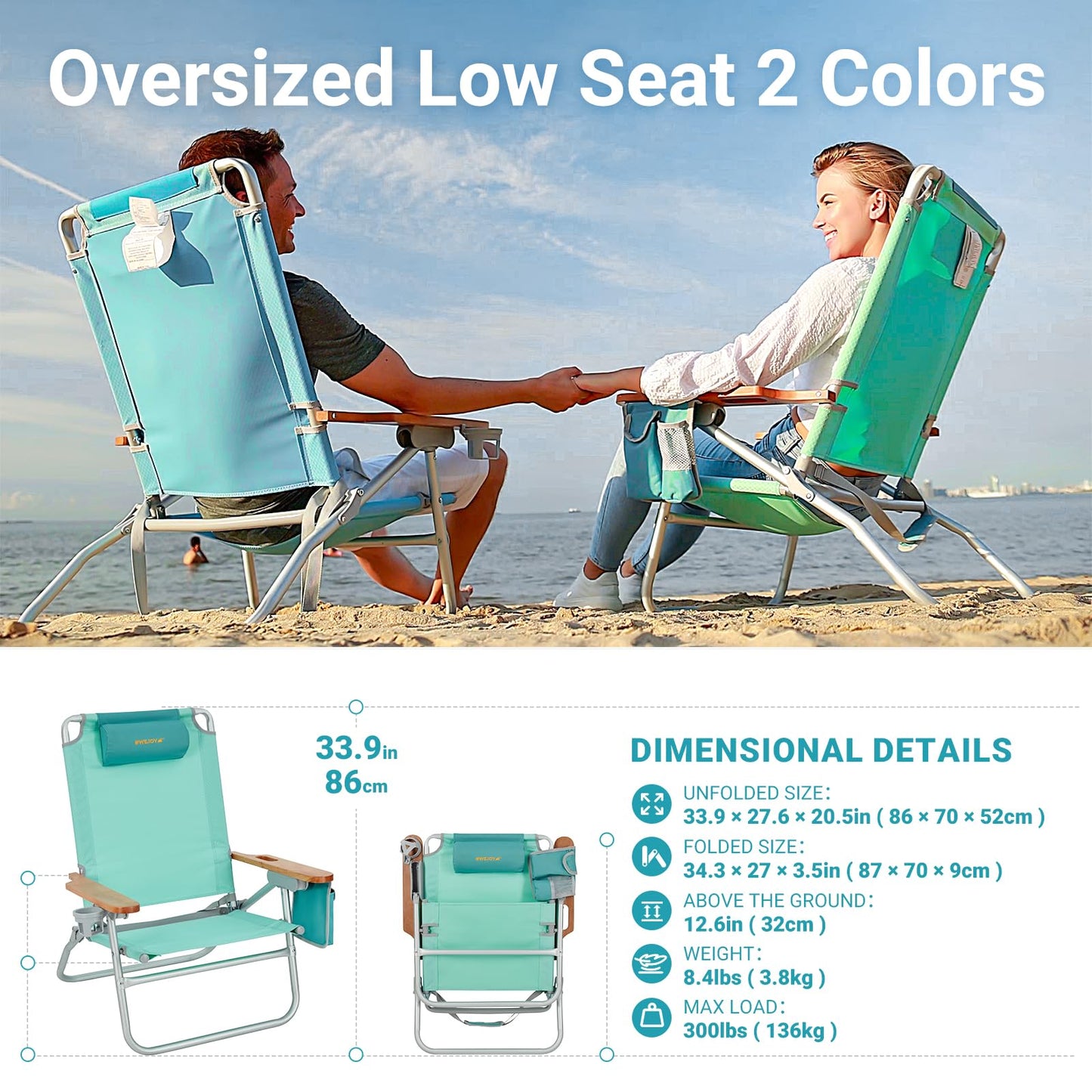 #WEJOY Folding Beach Chair for Adults 4 Position Aluminum Beach Chair with Headrest, Wooden Armrests, Cup Holder for Outdoor Camp Lawn Picnic BBQ Support 300LBS Backpack Folding Reclining Beach Chairs