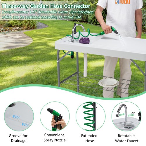 Dragosum Outdoor Sink Fish Cleaning Table Portable Camping Table with Faucet Hose Hook Up Grid Rack, Fish Fillet Camping Sink Table with 7pc Fish Cleaning Kit for Picnic Beach Patio(Grey)