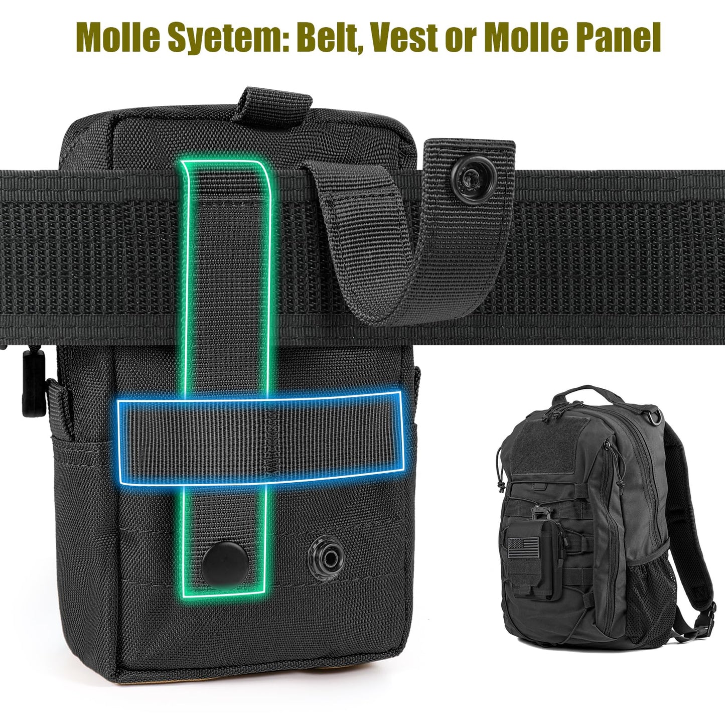 SOWHUP Tactical Molle Pouch Cell Phone Pouch Holster Small Utility EDC Pouch Gadget Organizer Bag with Tactical Key Ring Holder and U.S.A Flag Patch (Black1)