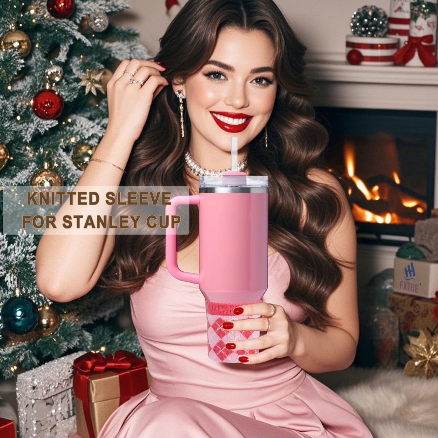 FXTBE Knitted Sleeve for Christmas Stanley Cup Accessories, Knitting Boot Bottom for Stanley Quencher 40 oz 30oz 20 oz Sleeves for Water Bottle Christmas Accessory Set, Red Green Pink