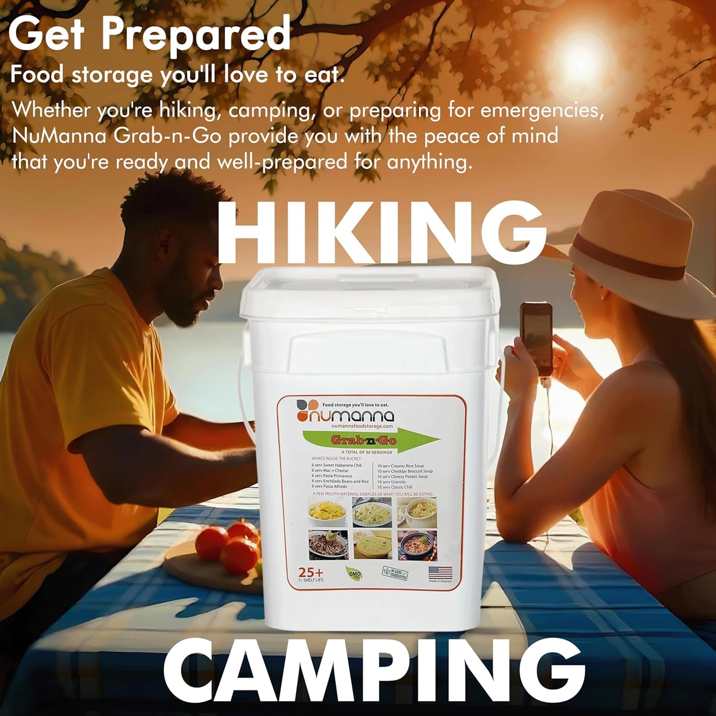 NuManna 80 Servings Grab-n-Go Bucket | 12 lbs Freeze-Dried Meals | 25+ Year Shelf Life | Emergency & Camping Food Kit | Ready-to-Eat Pantry Essentials