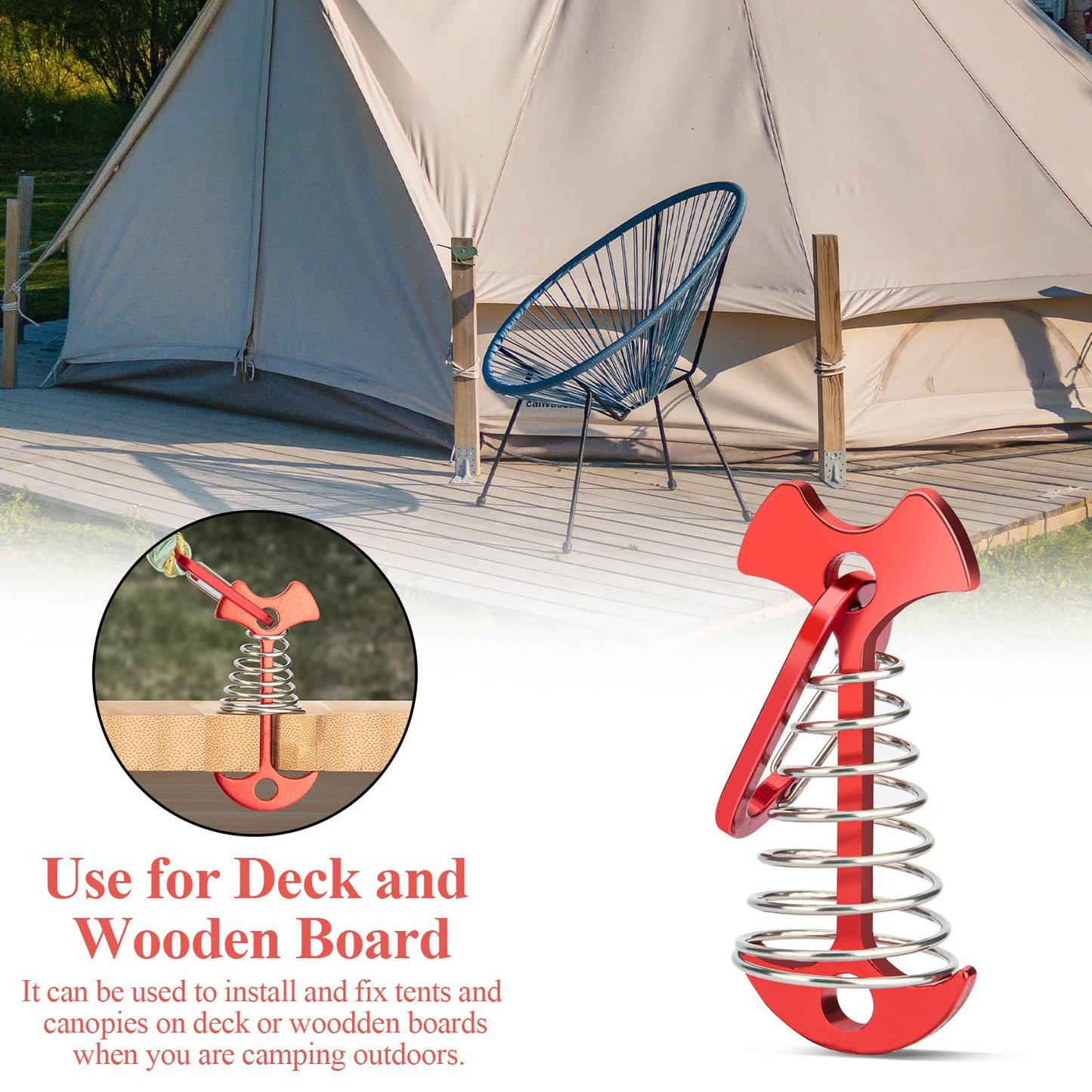10pcs Deck Peg Deck Anchors with Carabiners, Aluminium Tie Down Tent Stakes,Rope Tightener with Spring Buckle Fishbone Anchor Pegs with Spring Buckle for Outdoor Camping Hiking
