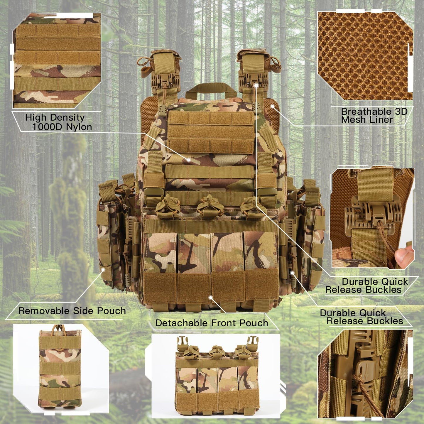 KESONS Quick Release Tactical Vest Adjustable Lightweight Breathable Weighted Vest for Training Outdoor Activities 1000D CP