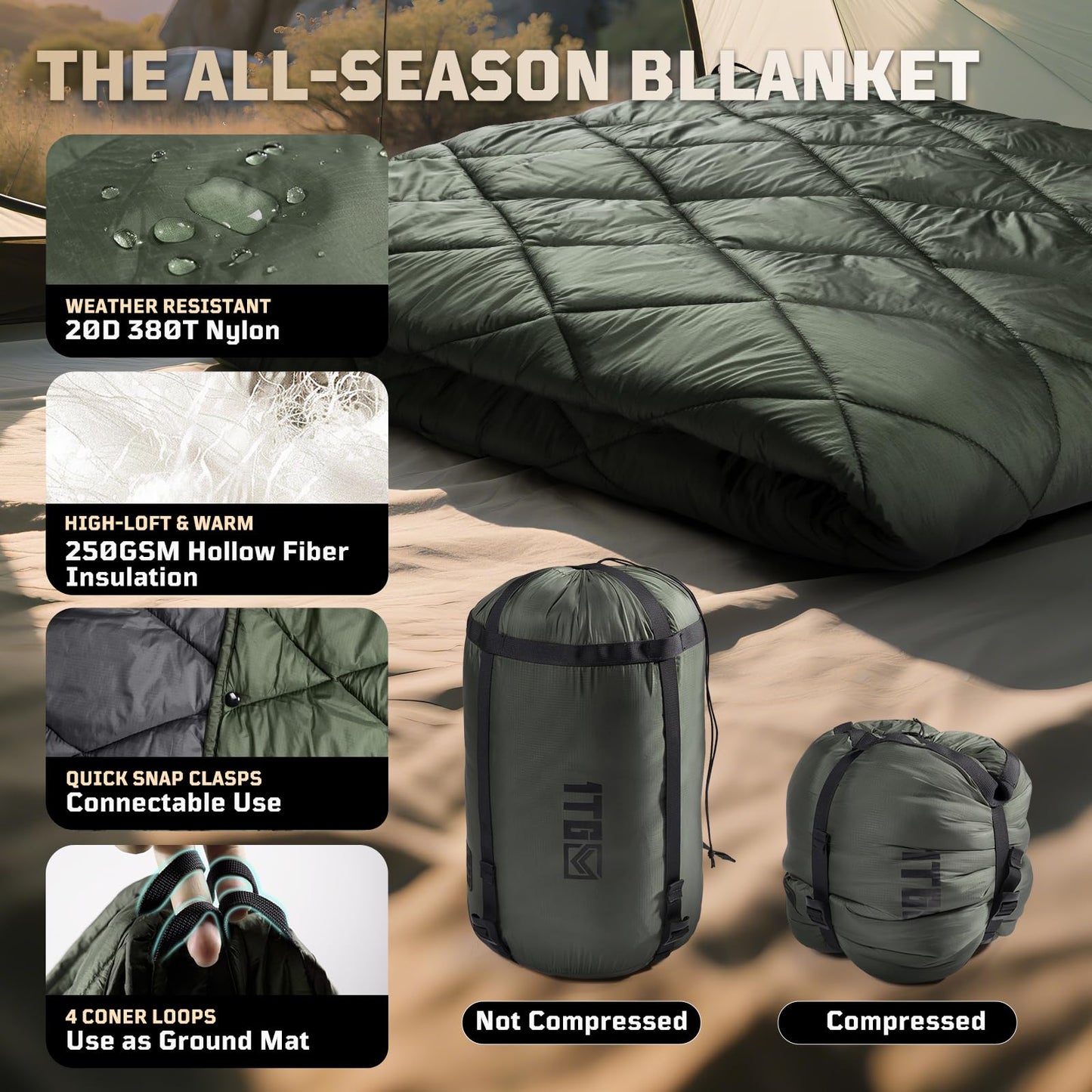 1TG Tactical Camping Blanket - Packable, Ultra Warm and Lightweight with Snap Button Backpacking Quilt Water-Resistant, for Sleeping, Outdoors, Travel - Large/Olive Green
