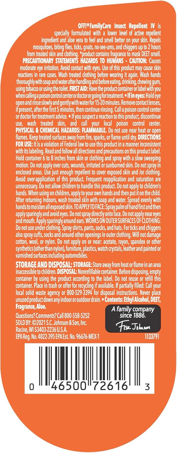 OFF! Family Care Mosquito, Tick, and Insect Repellent Spritz, Bug Spray Containing 7% DEET, Unscented Repellent with Aloe Vera Protects Against Mosquitoes, 9 Oz