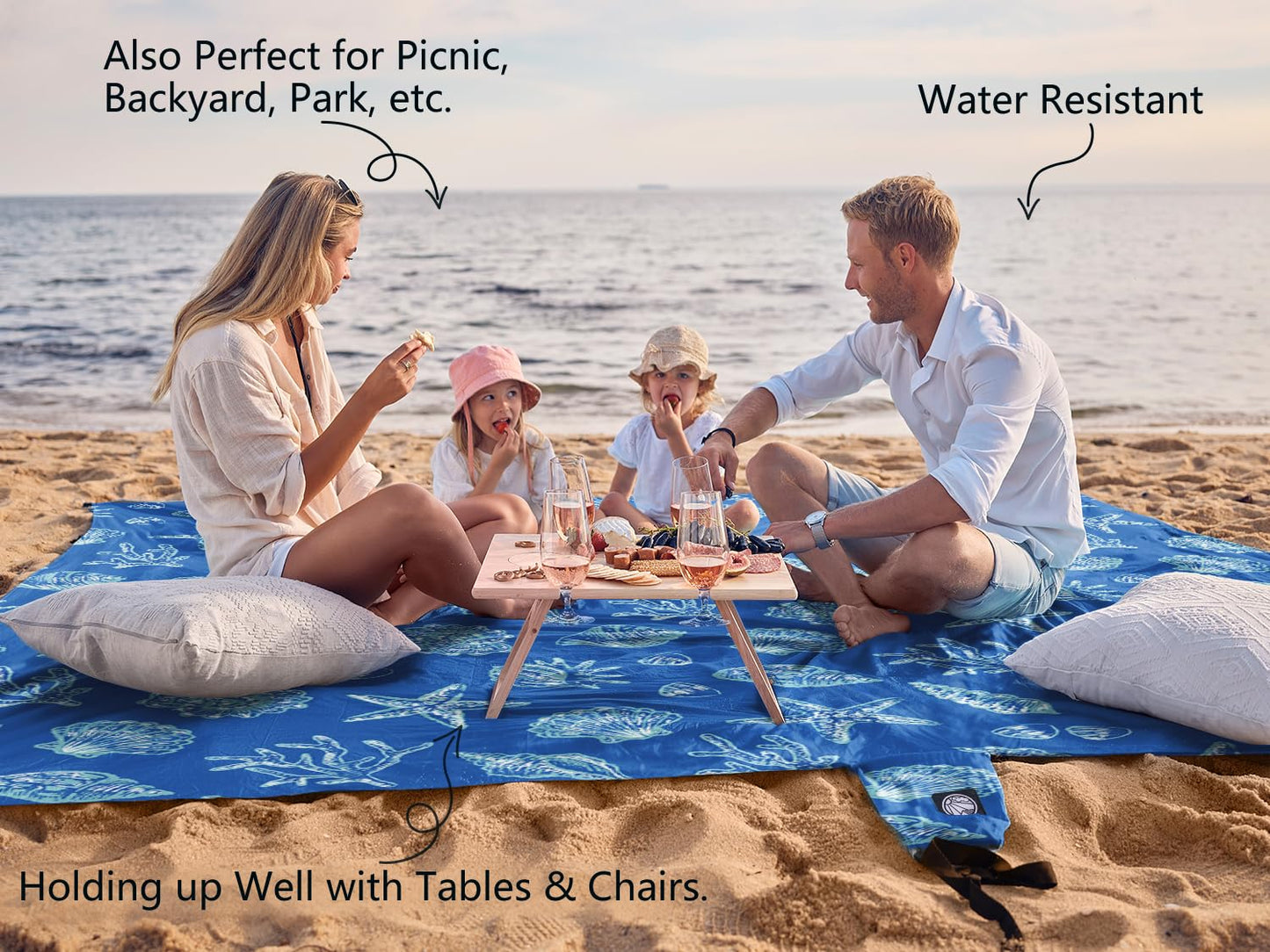 WEKAPO Beach Blanket Waterproof Sandproof Oversized, Extra Large Beach Mat Sand Free, Lightweight & Compact Sand Free Mat with 6 Stakes & 4 Corner Pockets (Blue Sea Shells, 8 x 7 FT (1~4 Person))