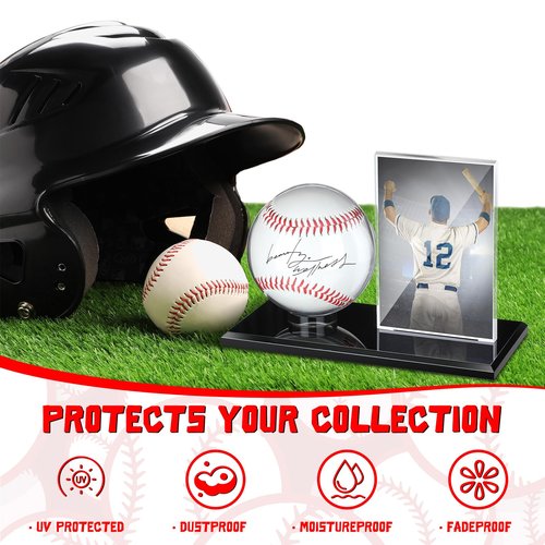 DoubleFill Acrylic Baseball Display Case for Ball and Cards Clear Base Ball Holder Ring Stand Set Centerpieces Protector Memorabilia Showcase for Official Size Baseball(Small)