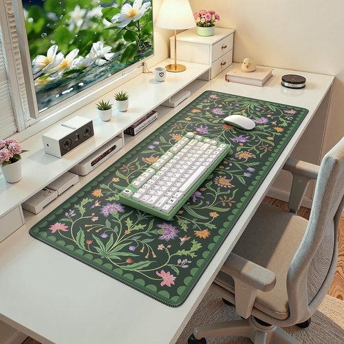 iLeadon Desk Matt for Desktop, Large Floral Stitched Edges Long Full Desk Mat for Laptop, Soft Mouse Pad for Keyboard, Green Desk Keyboard Mat for Office Home Beige/Green