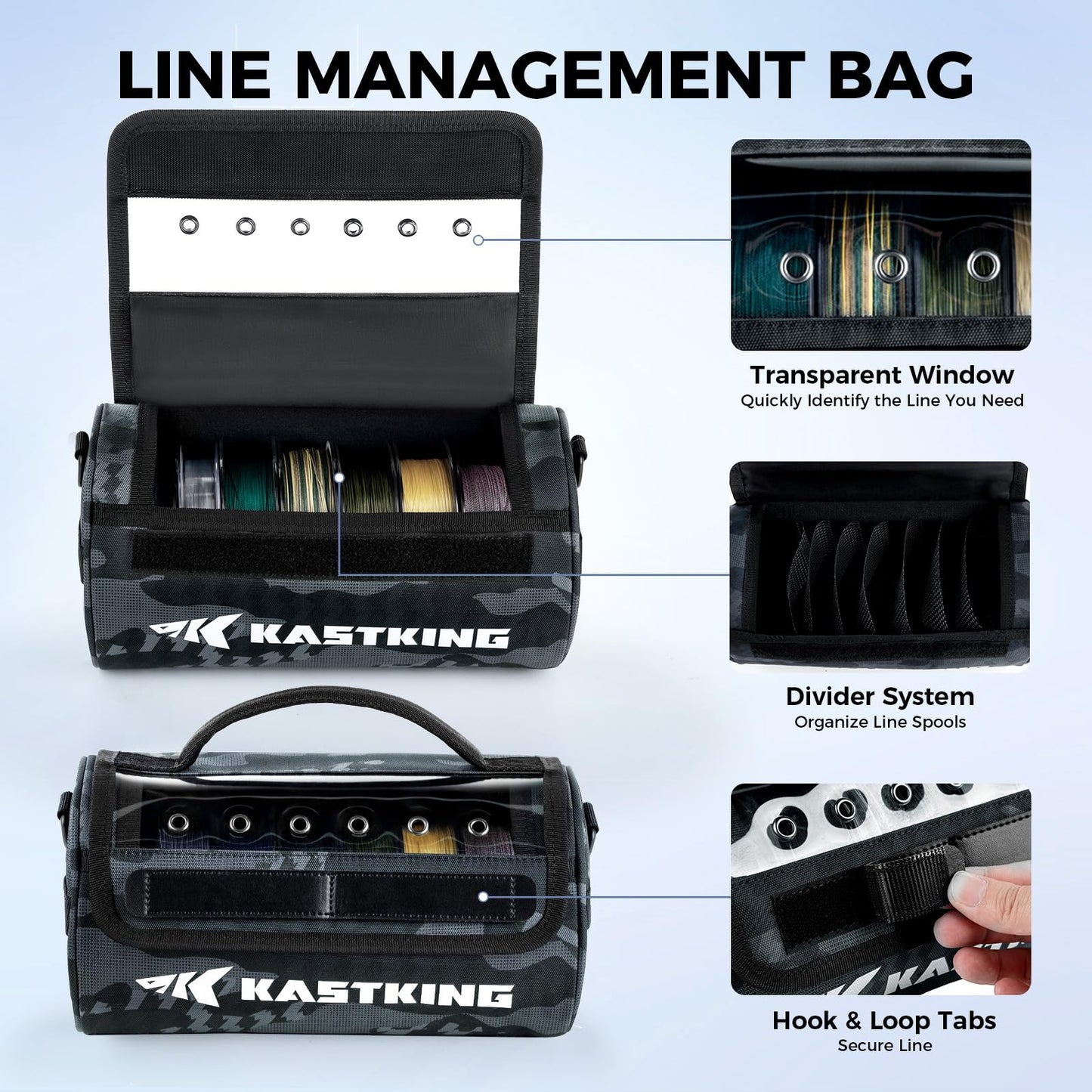 KastKing BaitSpace Line Management Bag, Fishing Line Storage Bag with Water Resistant Nylon, Clear View Window, Removable Divider for Up to 10 Spools, Tangle-free Leader Line Holder