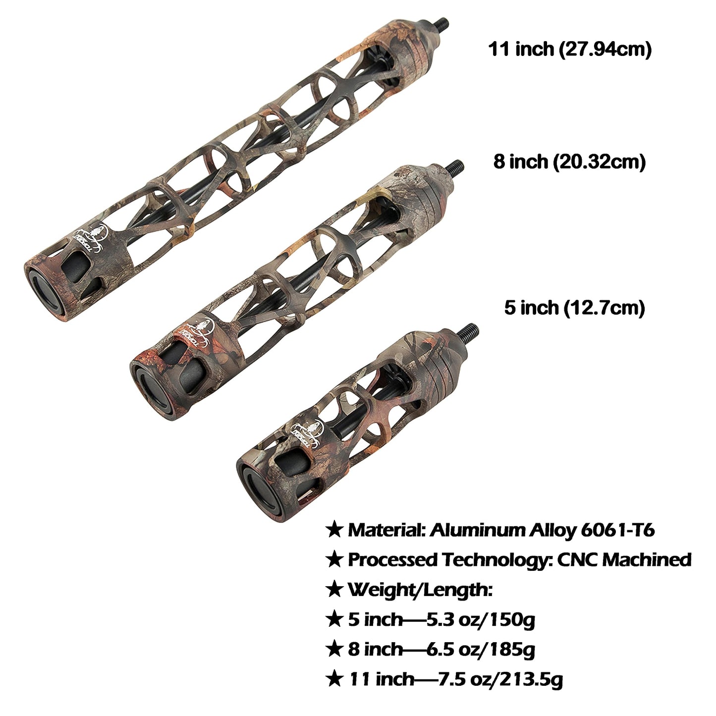 ZSHJGJR Archery Bow Stabilizer Aluminum Alloy, Shock Absorber, 5 Inch 8 Inch 11 Inch, Bow Stabilizer Vibration Damper, All-CNC Aluminum Machined for Compound Bow Accessories (Camo, 8 Inch)