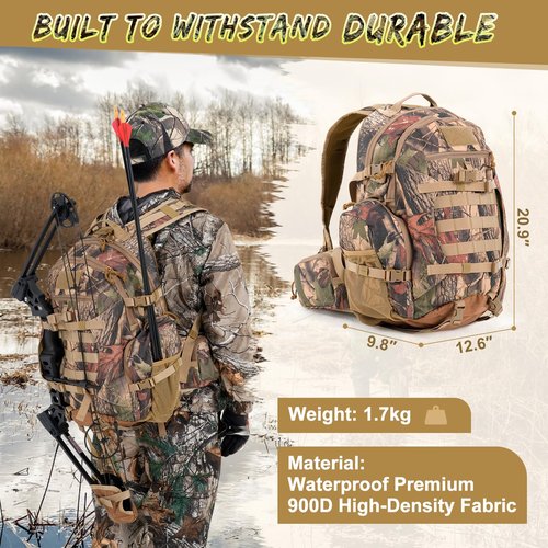 MOPHOTO 900D Waterproof Hunting Backpack for Men, 35L Large Durable Hunting Day Pack with Bow/Rifle Holder,Camo Hunting Pack with Rain Cover and Multiple Organized Pockets