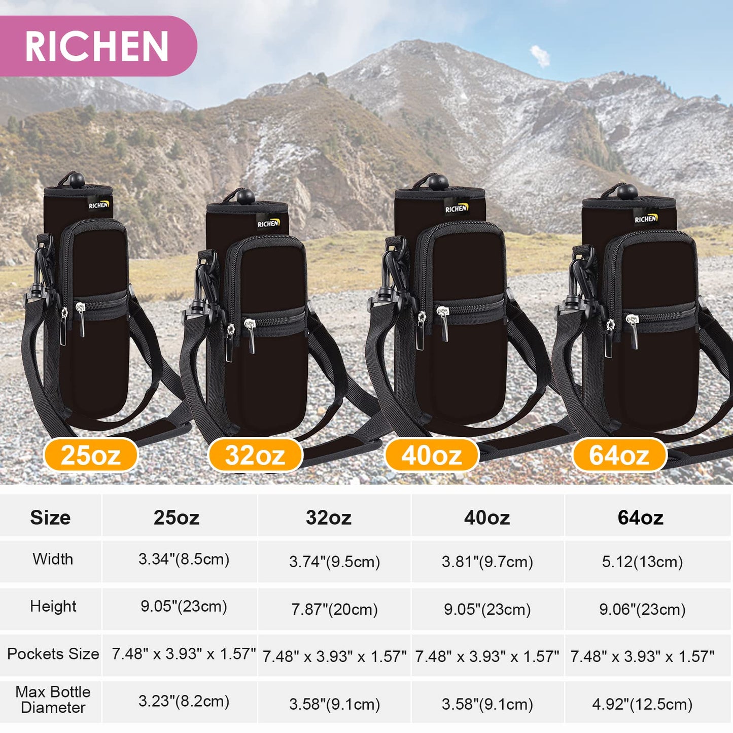 RICHEN Neoprene Water Bottle Carrier Bag 25/32/40 oz, Bottle Pouch Holder with Adjustable Padded Shoulder & Handle Strap and Front Pockets for Men/Women Hiking Travelling Camping (Black, 40oz)