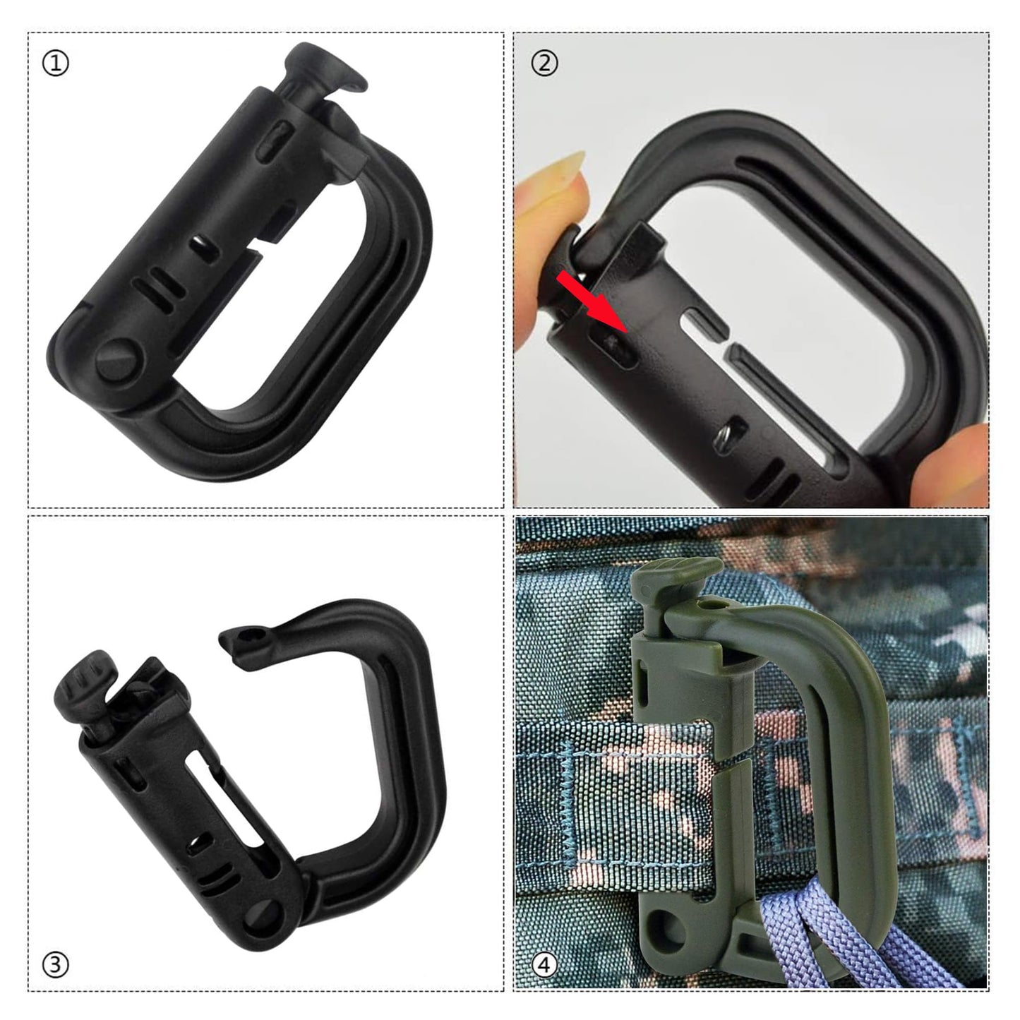 10 Pcs Multipurpose D-Ring Grimlock Locking Hanging Hook Tactical Link Snap Keychain for Molle Webbing