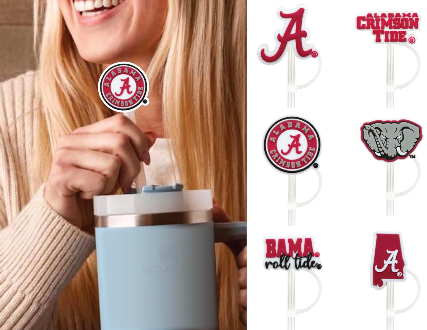 6 Alabama Crimson Tide Straw Covers (10 millimeter) Alabama Crimson Tide Gift for Men and Women Football Fans Fits Large Stanley Simple Modern 40oz Water Bottles (10 mm straw) (Alabama Crimson Tide)