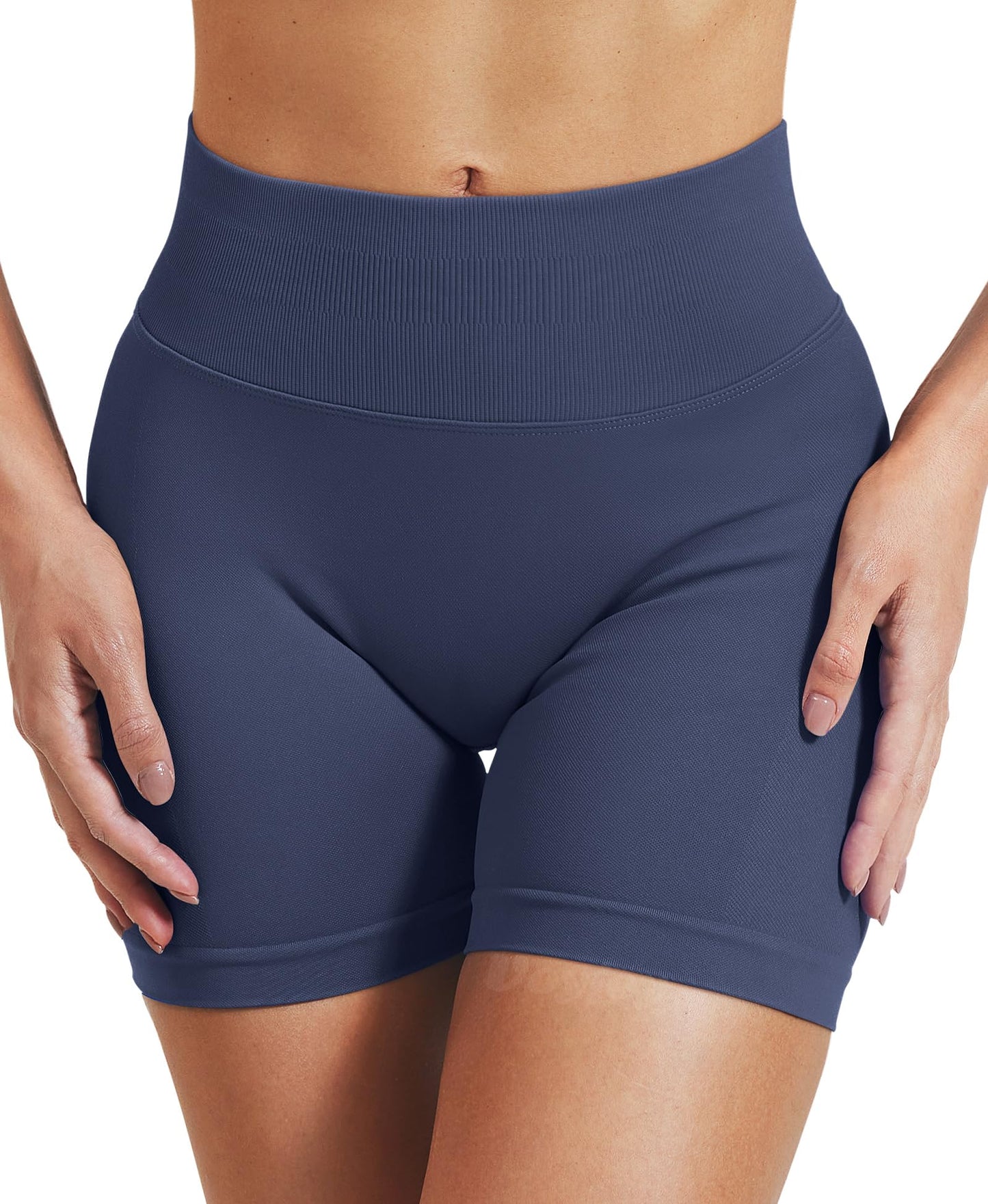 VOYJOY Women Workout Impact Shorts 2.5"/ 3.6"/ 4.5"/ 6" Scrunch Butt Lifting Gym Seamless Booty Biker Shorts Blue Grey