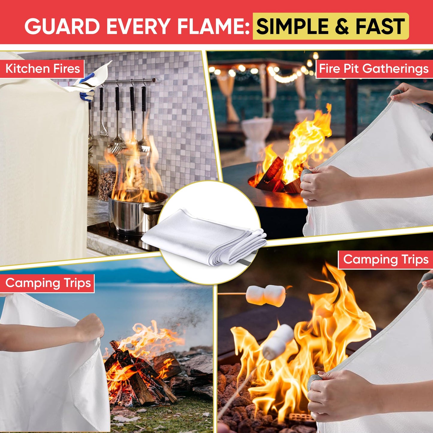 2 Pack Fire Blanket - Home and Kitchen Emergency Fire Blankets for Safety, Easy to Use for Fire Suppression & Kitchen Fires, Fiberglass Fire Blanket