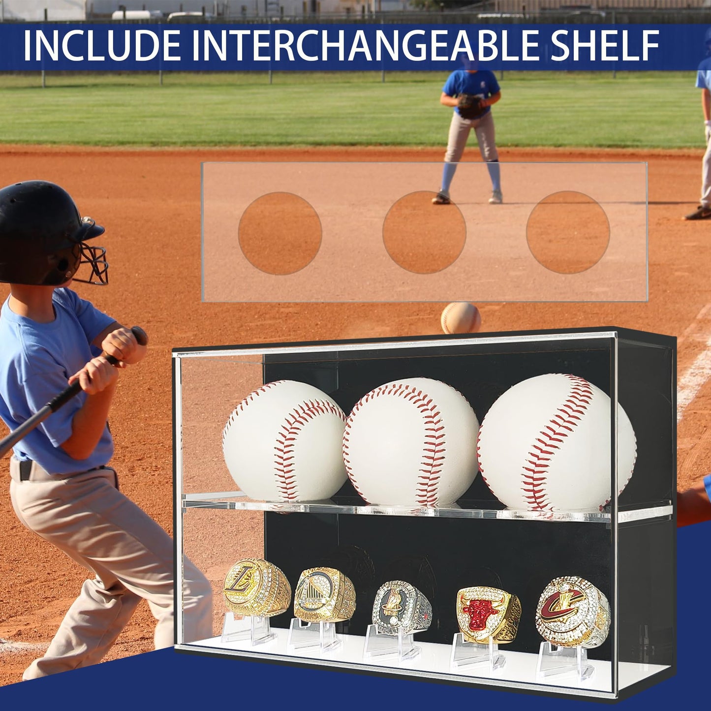 Acrylic Championship Ring & Baseball Dual Function Display Case, Swap Insert Wall Mountable, Gifts for Boys 8-12