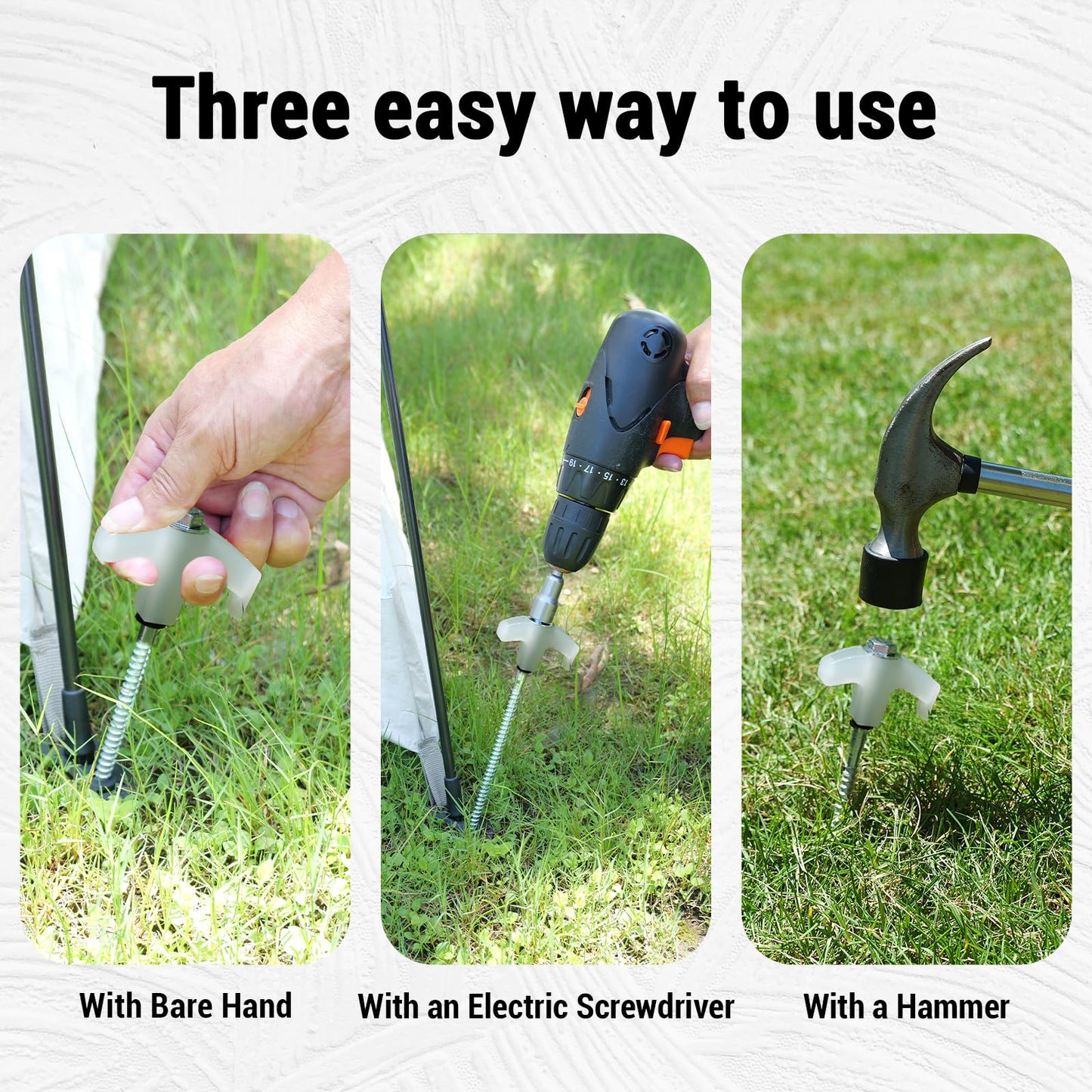 Keovoker 4 Pack Tent Stakes-8” Drill in Heavy Duty Ground Pegs, Screw in Camping Stake with Hex Head Driver, Spikes Puller, Protector in a Carrying Bag, for Hiking, Hammocks, Glow in Dark
