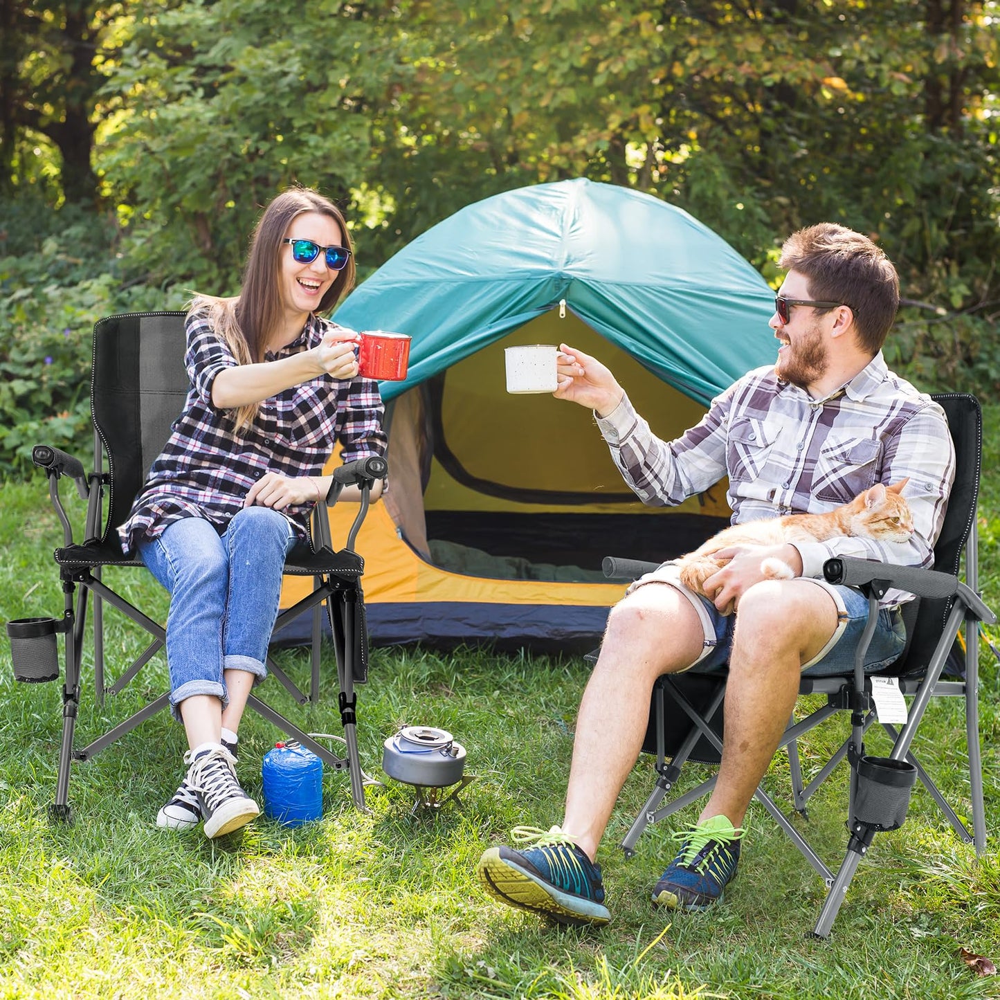 Homcosan Portable Camping Chair Folding Quad Outdoor Large Heavy Duty Support 330 lbs Thicken 600D Oxford with Padded Armrests, Storage Bag, Beverage Holder, Carry Bag for Outside(Grey, 2Pack)