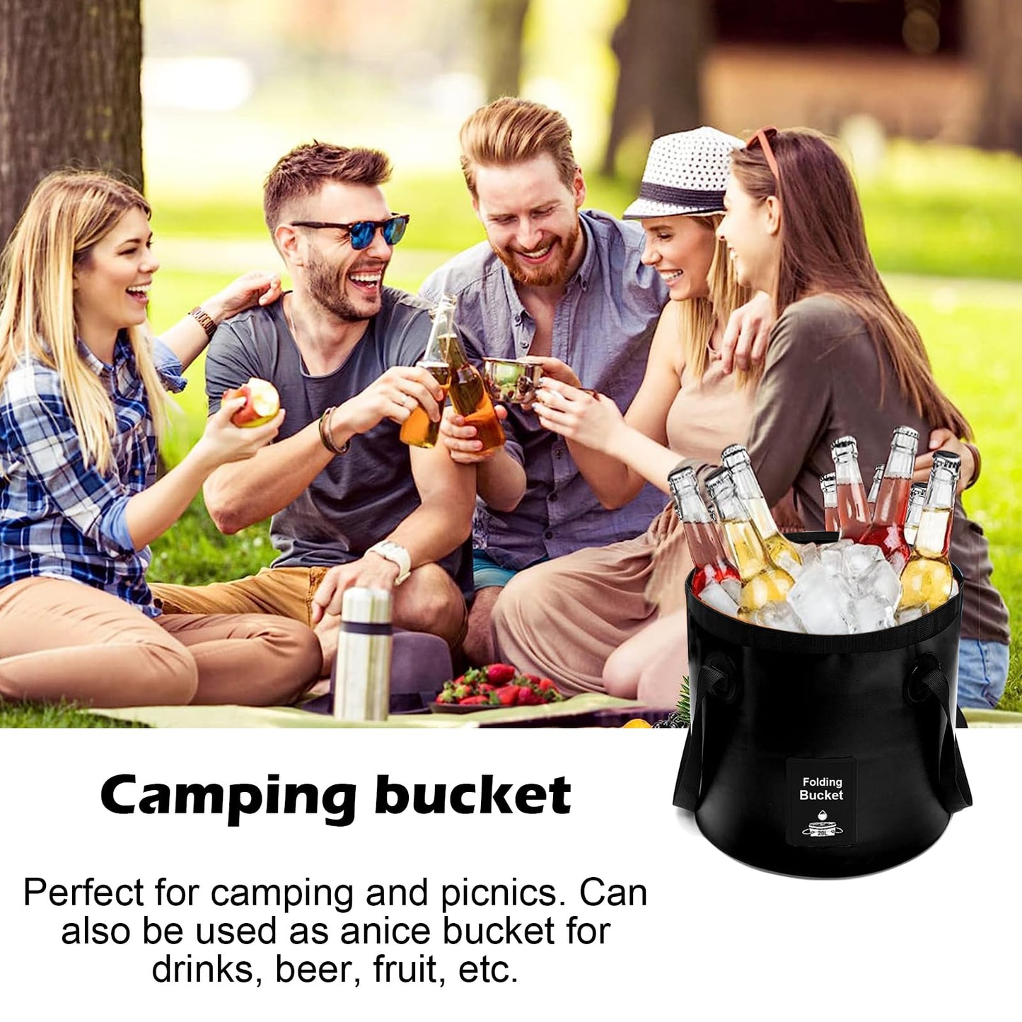 Collapsible Bucket with Handle, Lightweight Folding Water Container, Portable Collapsible Bucket for Fishing, Camping, Hiking, Backpacking, Outdoor Survival, Car Washing Black 20L