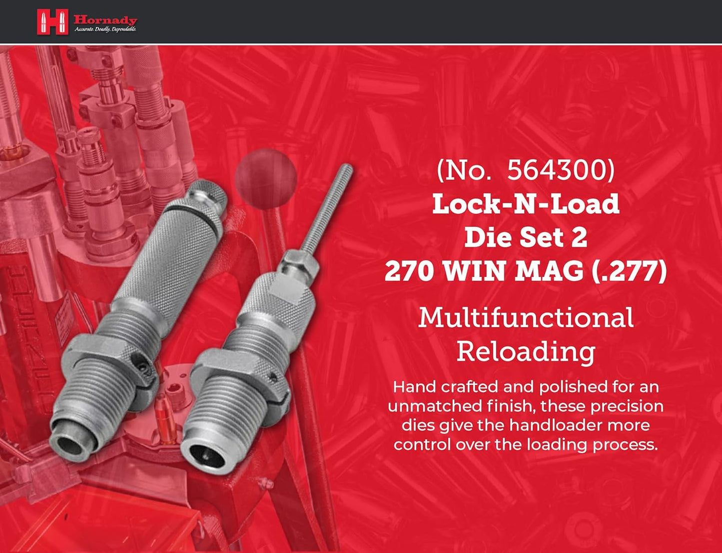 Hornady Custom Grade New Dimension 2-Die Set, 270 Win (.277) (546300) - Caliber Specific Reloading Equipment for Handloaders with Full Length Sizer Die, Seating Die, Sure-Loc Rings, & Storage Box