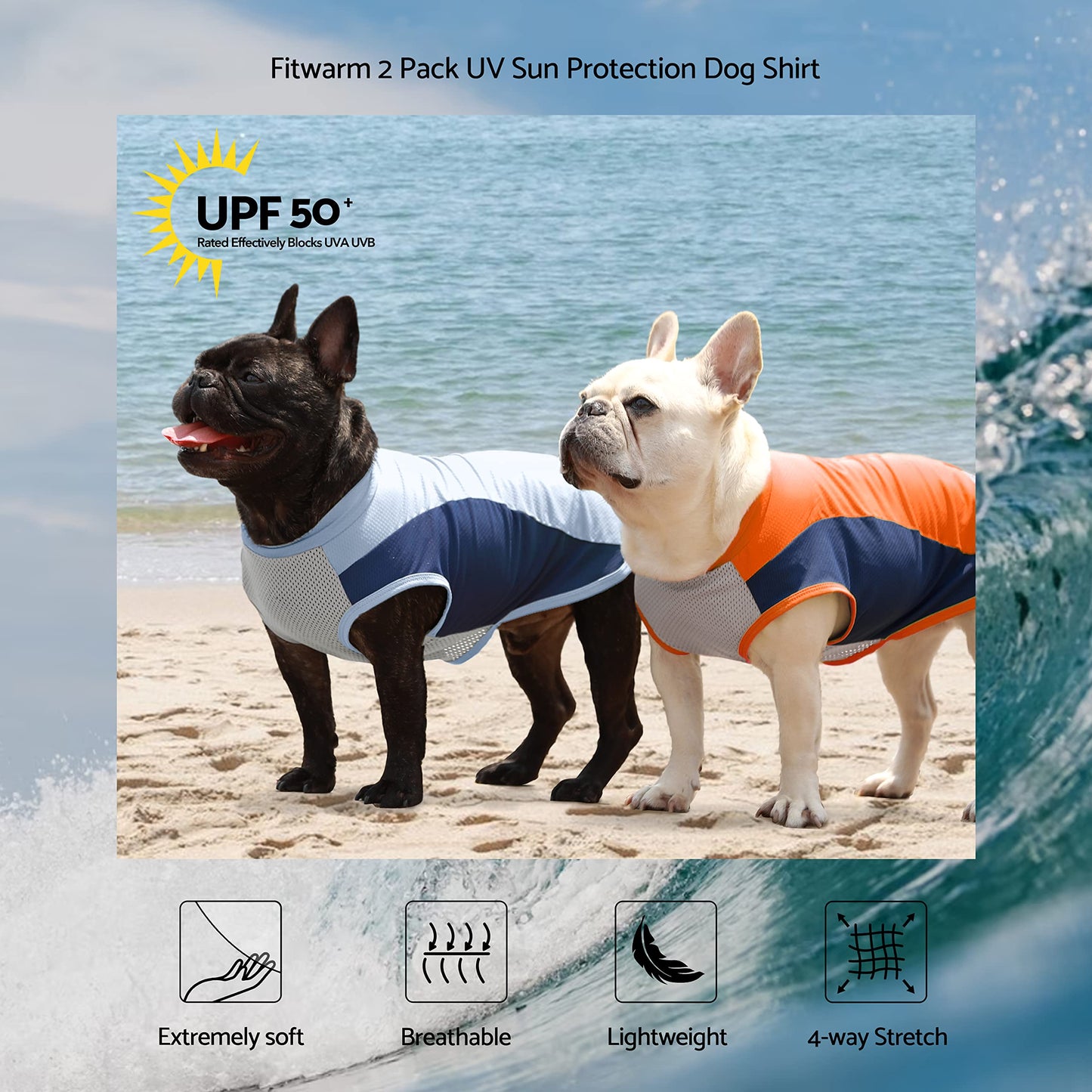 Fitwarm 2 Pack UPF 50+ UV Sun Protection Dog Shirt, Quick Dry Summer Dog Clothes for Small Dogs Boy Girl, Reflective Label, Lightweight Breathable Cooling Vest, Pet Cat Outfit, Orange, Blue, Medium