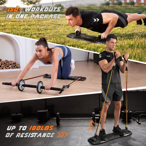 LALAHIGH Portable Home Gym System: Large Compact Push Up Board, Pilates Bar & 20 Fitness Accessories with Resistance Bands Ab Roller Wheel - Full Body Workout for Men and Women, Gift for Boyfriend
