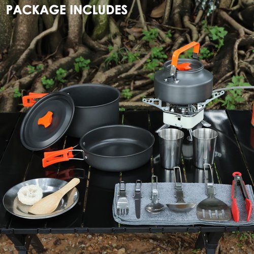 JUSFANE 20Pcs Camping Cookware Mess Kit, Non-Stick Lightweight Camping Pots and Pans with 1.1L Kettle, 2 Set Stainless Steel Cups Plates Forks Knives Spoons for Backpacking, Hiking, Outdoor Cooking