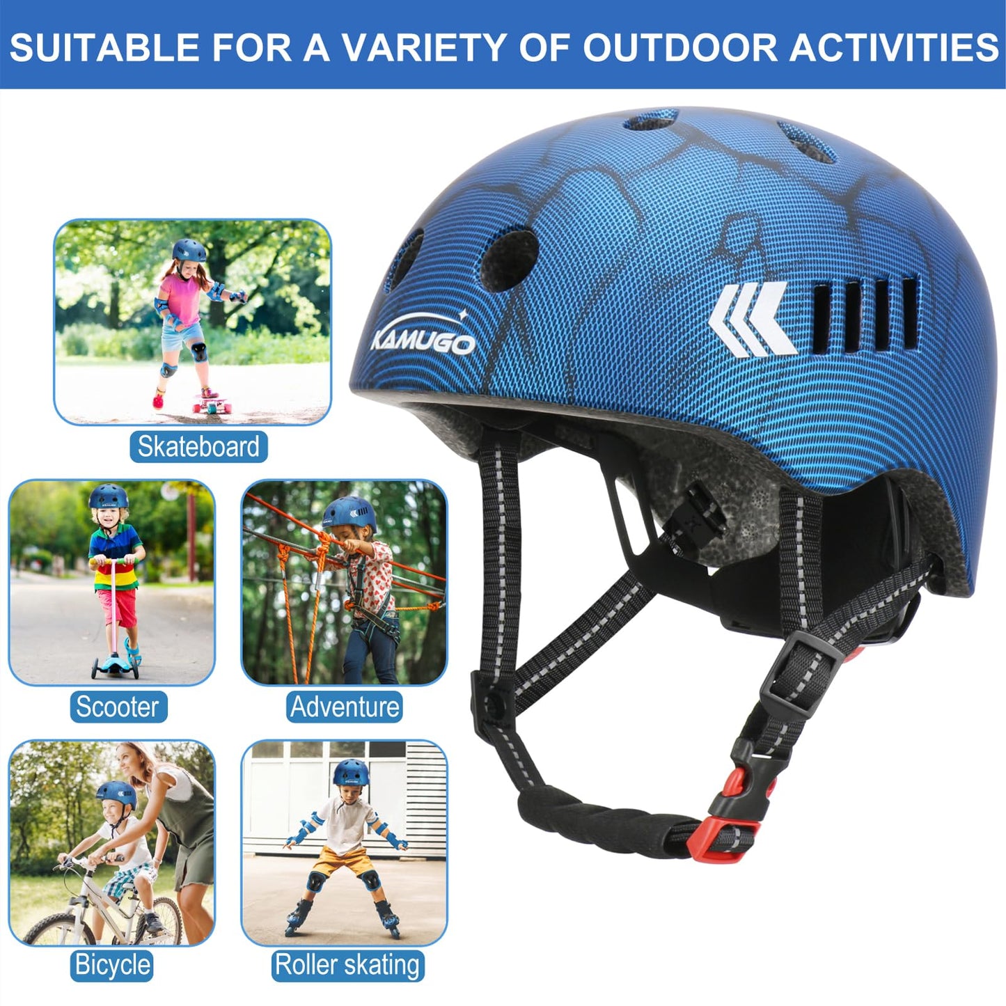 KAMUGO Kids Bike Helmet, Toddler Helmet for Ages 2-8 Boys Girls with Sports Protective Gear Set Knee Elbow Wrist Pads for Skateboard Cycling Scooter(Blue)