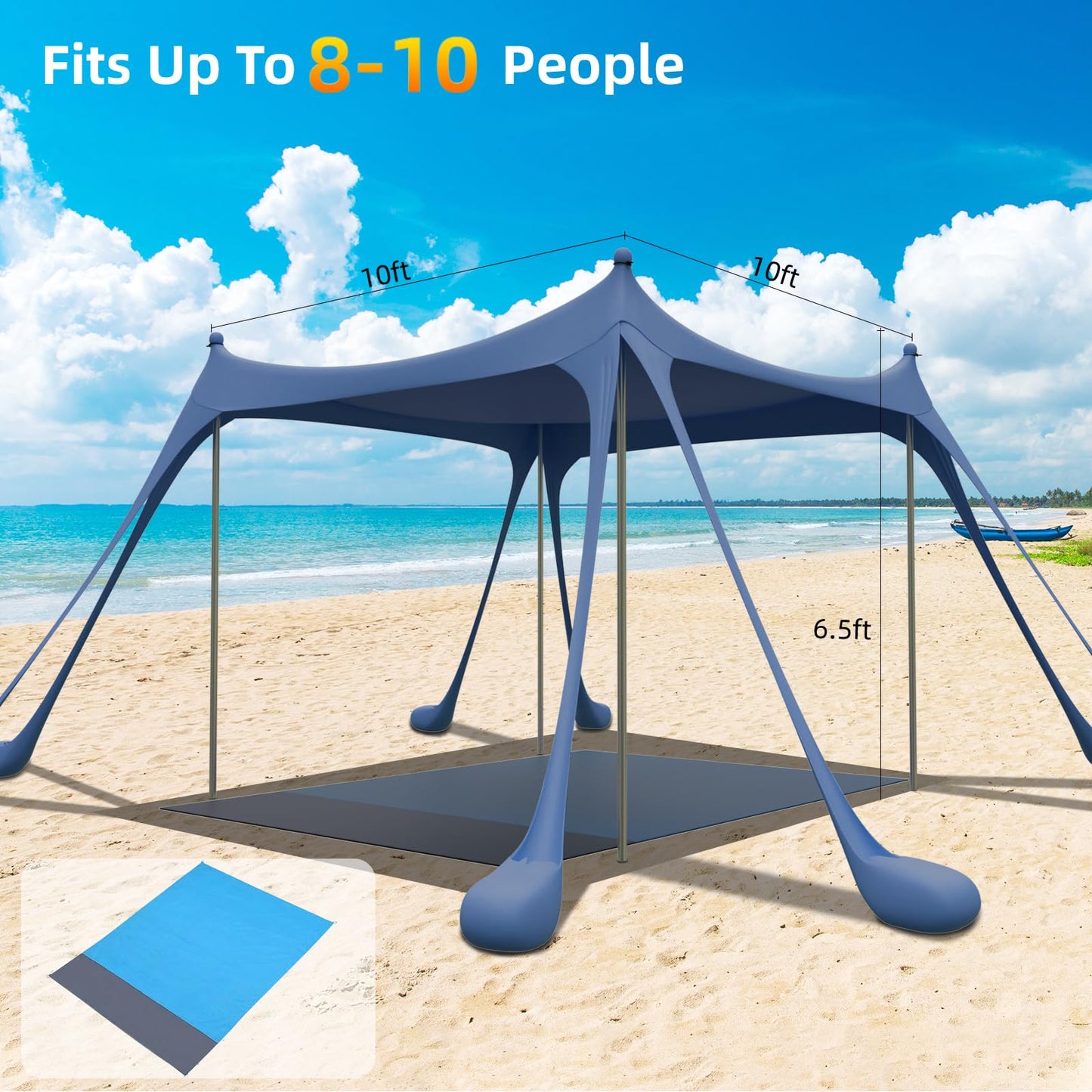 JMOREGO Beach Tent, Camping Sun Shelter with Mat, 2 Sand Shovels, 8 Sandbags, Ground Pegs & Stability Poles, UPF50+ Outdoor Shade Canopy for Camping, Fishing or Picnics (Navy Blue)