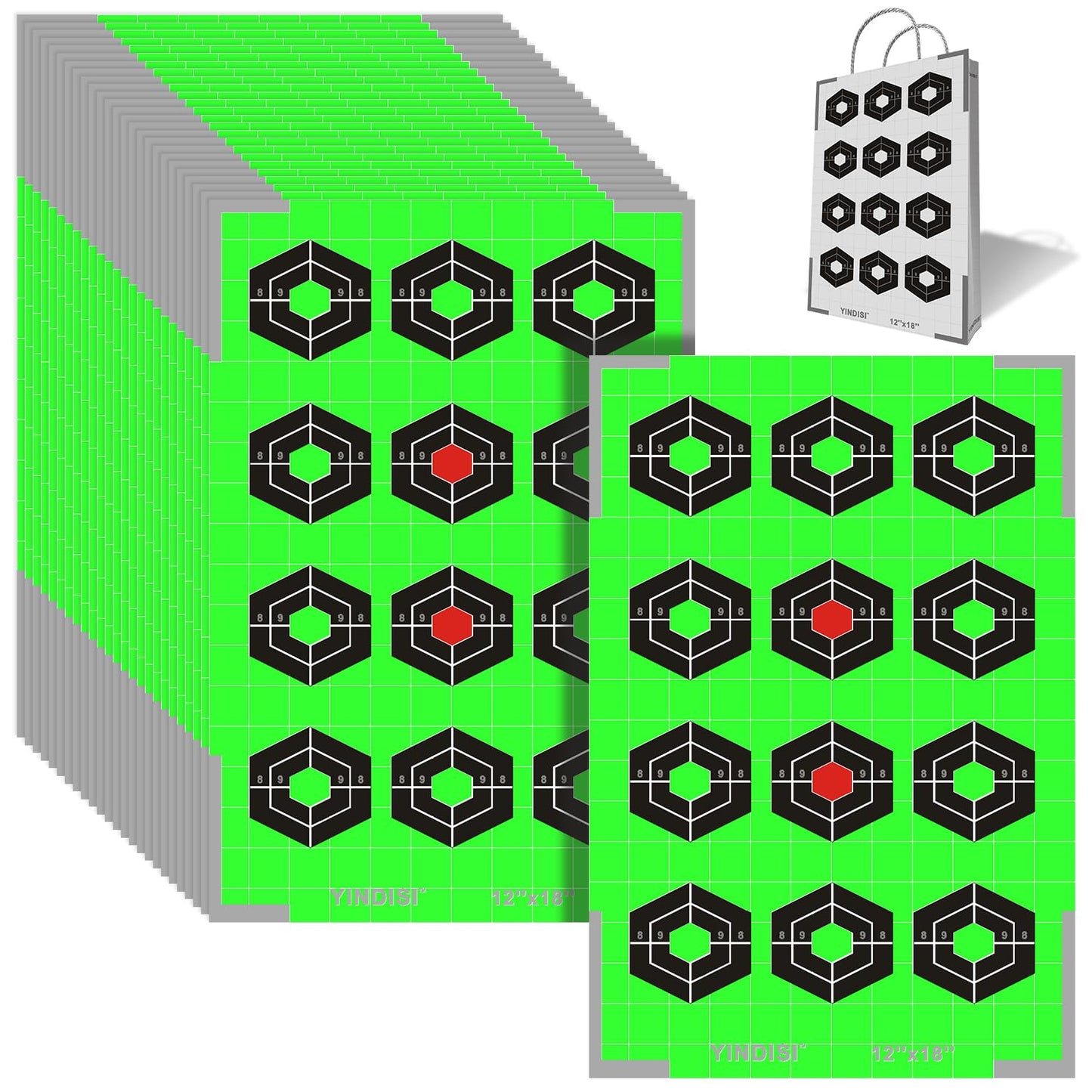 12x18 inch Fluorescent Green Diamond Grid Targets with White Grid Lines,High Contrast, NonReflective Surface, Includes Carrying Bag, 25 Sheets,Ideal for Handguns, Rifles, Airguns, BB Guns
