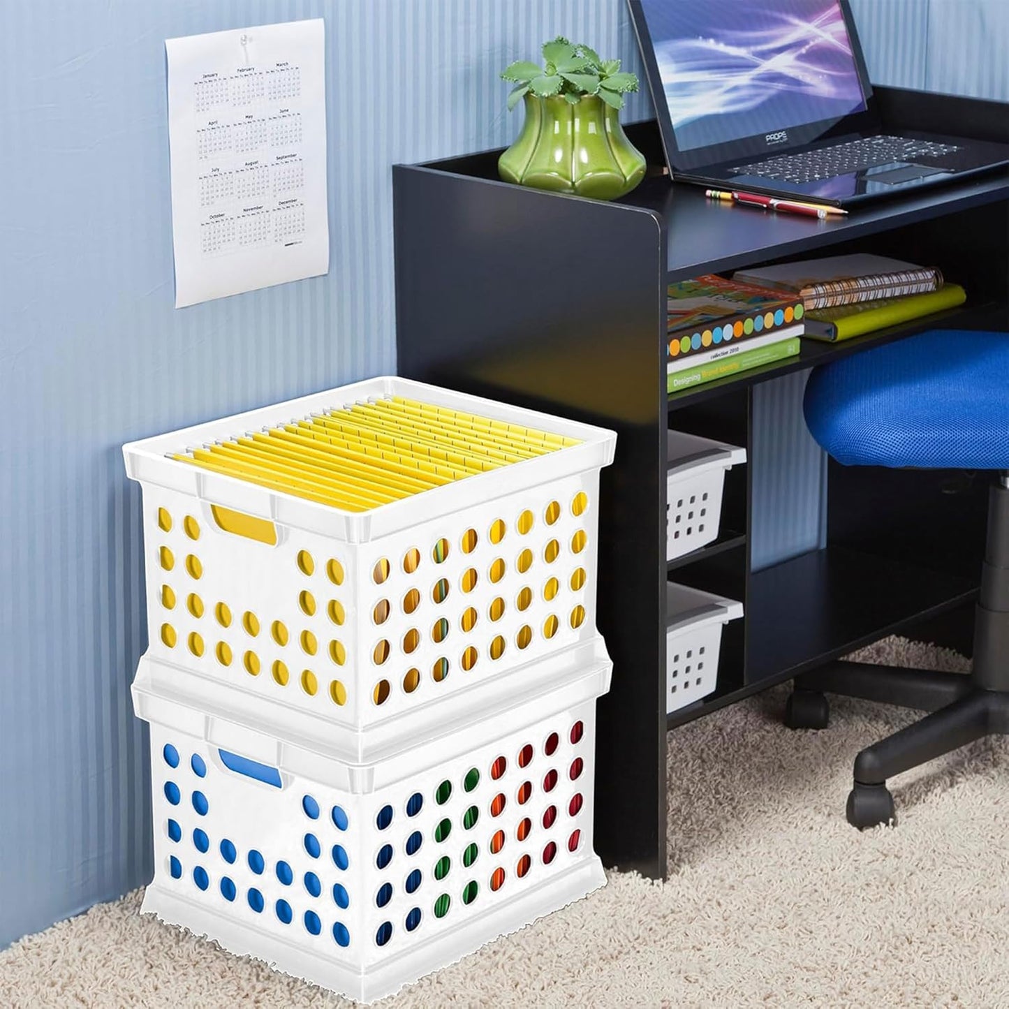 Sterilite Stackable Plastic Storage Crate Bin Organizer File Box with Handles for Home, Office, Dorm, Garage, or Utility Organization, Black, 6-Pack