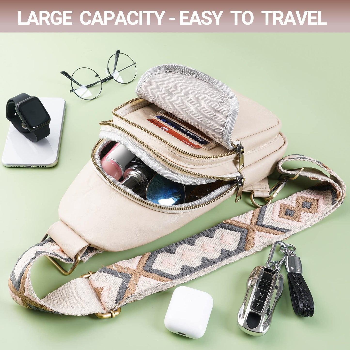 KFXFENQ Sling Bag for Women PU Leather Sling Bag Small Crossbody Sling Backpack Multipurpose Chest Bag for Women Cycling (1-Beige)