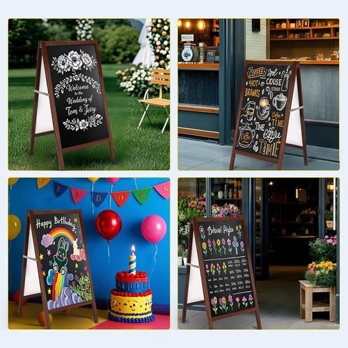 A Frame Sign Chalk Board, Aluminum Alloy Wood Grain Chalkboard, Double Sided Magnetic Blackboard with Liquid Chalk Markers, Suitable for Pubs/Restaurants/Coffee Shops/Birthdays/Parties/Wedding