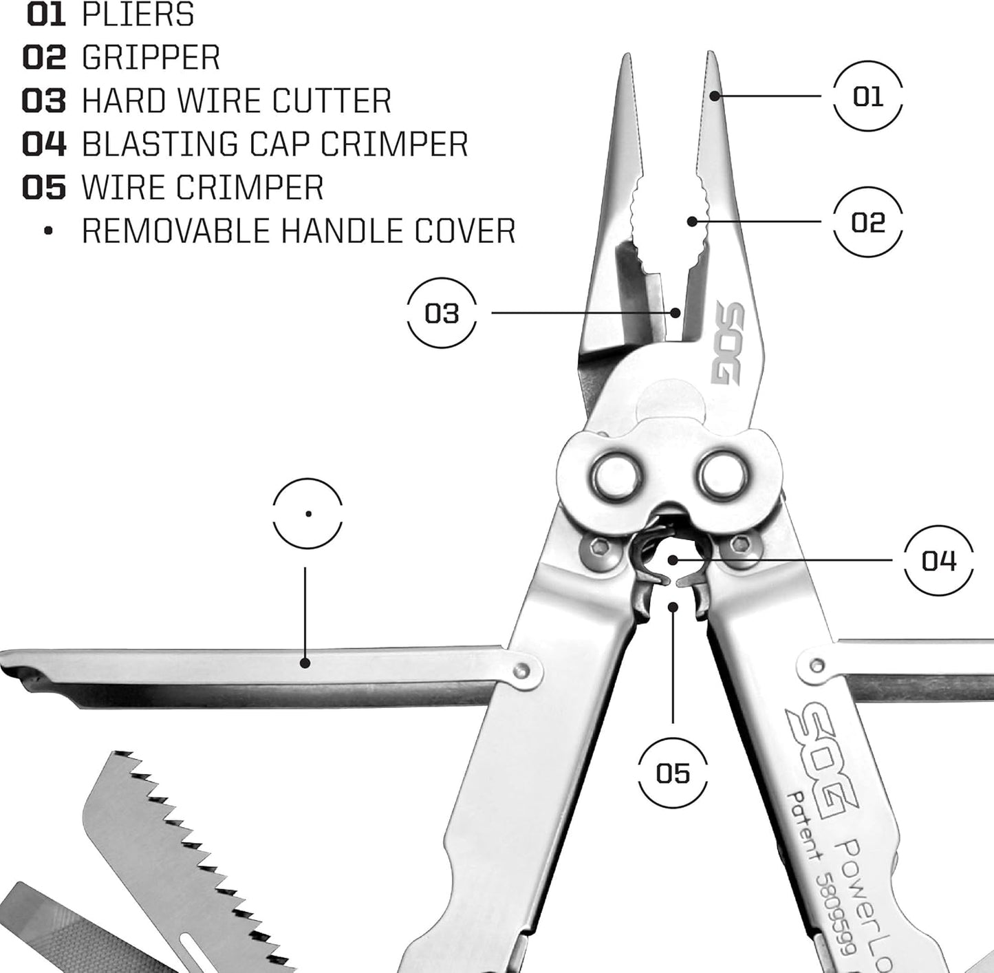 SOG PowerLock Multi-Tool- Compound Leverage Technology with EOD Crimper Device, 420 Stainless Steel Body, 18 Lightweight Specialty Tools (B61N-CP) , Black