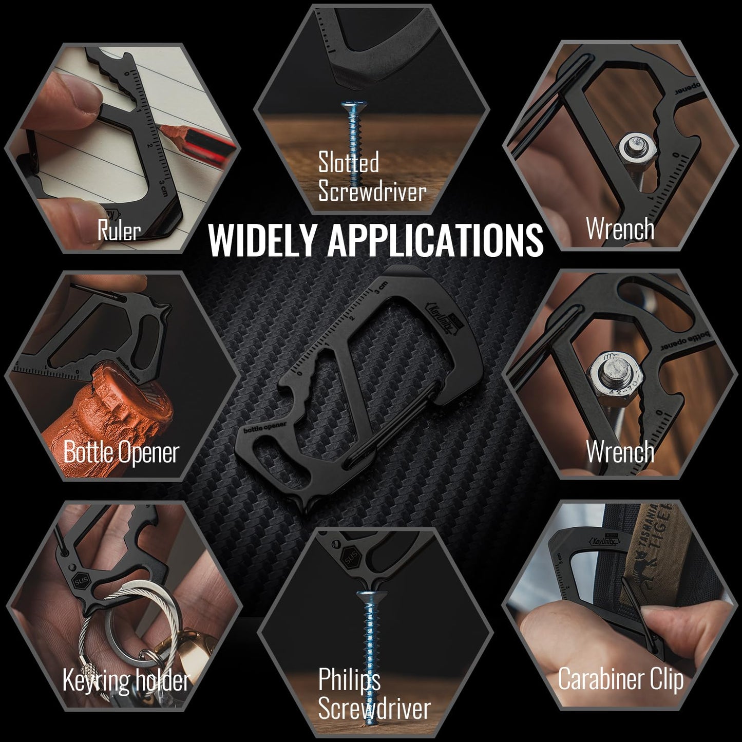 KeyUnity KS00BK Carabiner Clip Multitool Stainless Steel 7 Tools in 1, Quick Release Clasp, Wrench, Cross Screwdriver, Slotted Screwdriver, Bottle Opener, Ruler, Key Holder (PVD Black)