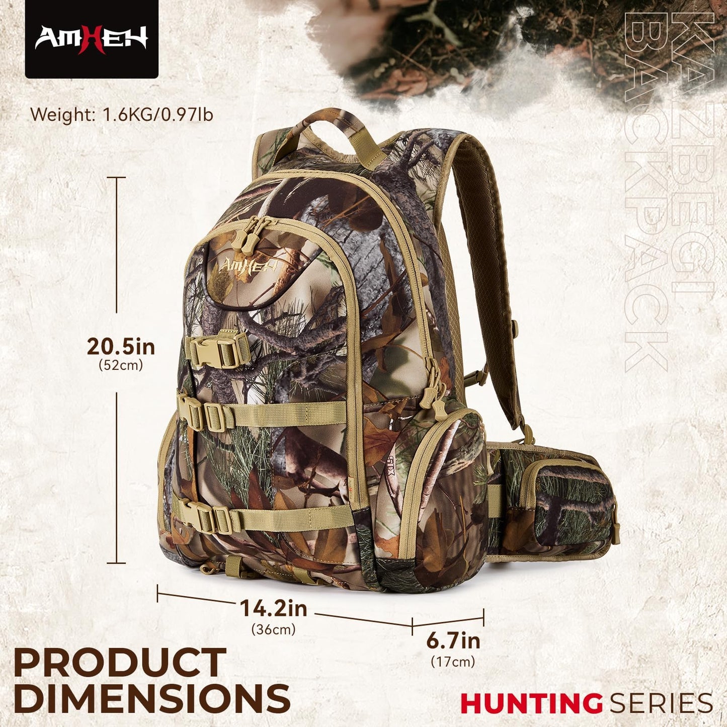 AMHEH Hunting Backpack for Men Outdoor Waterproof 31L Durable Hunting Day Pack for Bow Rifle Forest Camo