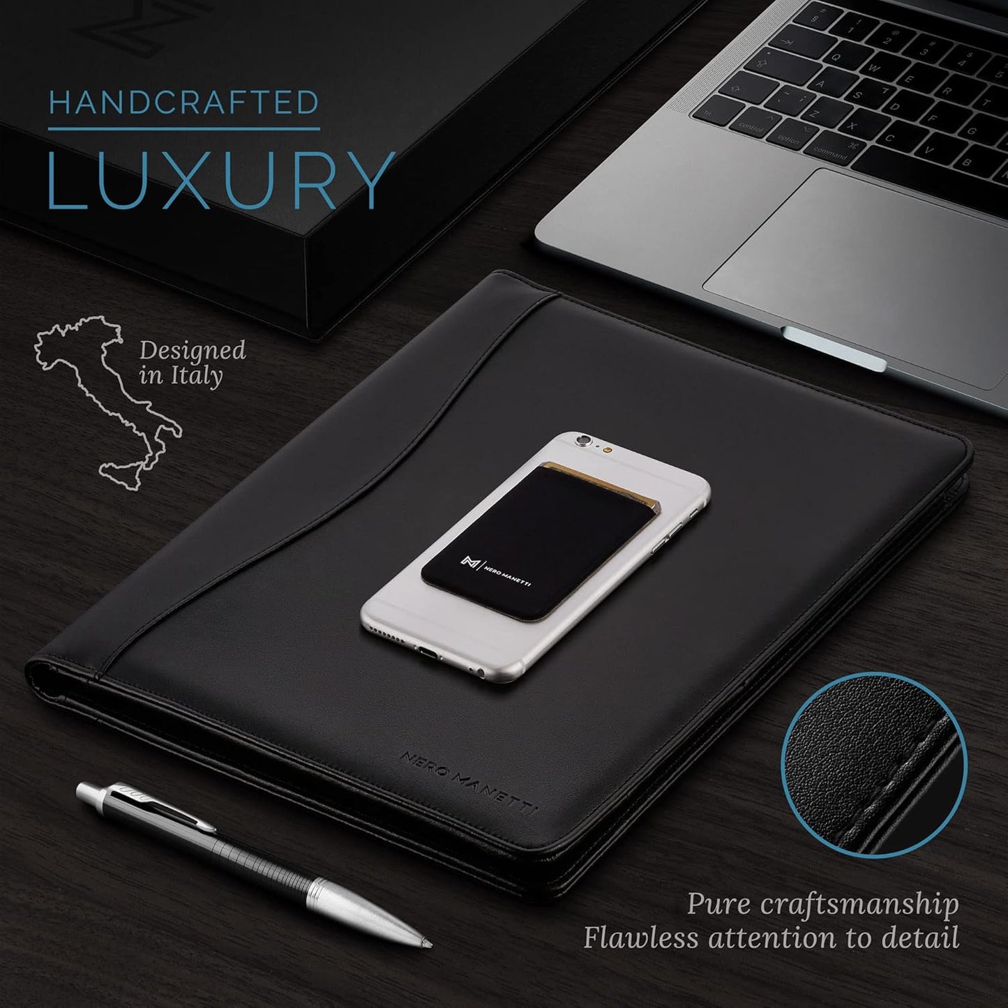 NERO MANETTI- Leather Portfolio Folder - Business PU Leather Portfolio Notepad Holder for Resumes, Legal Pad Portfolio Executive Binder, Professional Padfolio Notebook for Women/Men