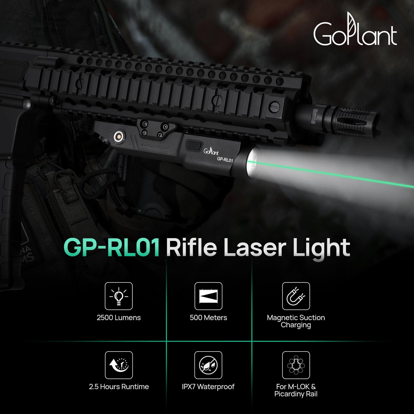 2500 Lumen Aluminum Alloy Rifle Laser Light Combo, 2.5 Hours Long Runtime AR15 Weapon Light and Green Laser, Picatinny Rail MLOK Mounted LED Tactical Flashlight, Low Profile Flashlight AR Rifle R15